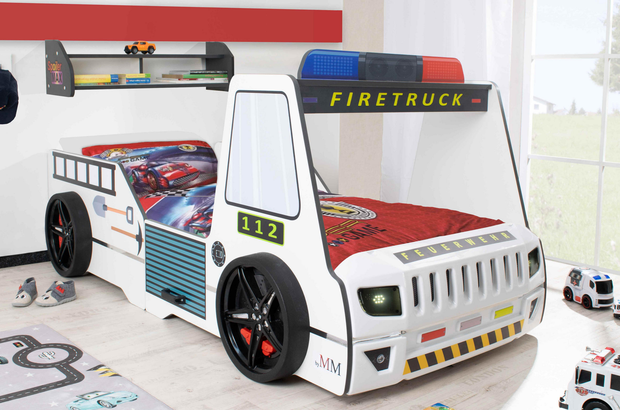 AUTOBETT Firetruck für Kinder 90x200 mit LED Leuchte und Lattenrost - Weiß, Holzwerkstoff (90/200cm) - Aileenstore