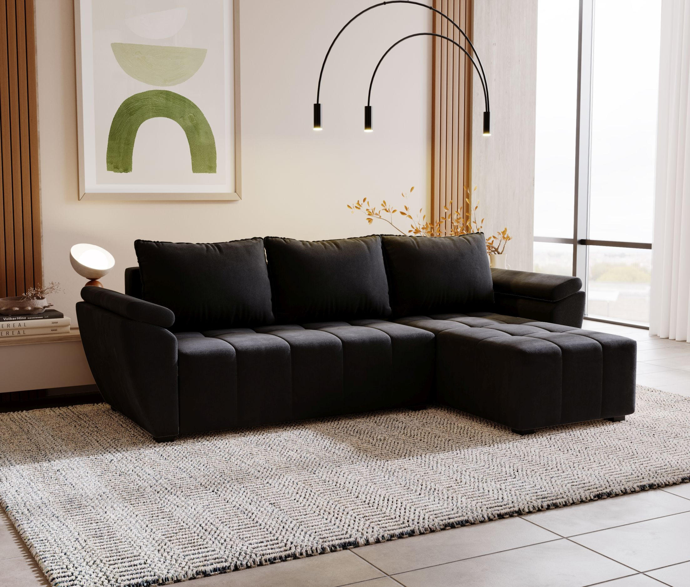 ECKSOFA ZEUS L Monolith 97 Rechts mit Schlaffunktion - Schwarz, Textil (251/140cm) - Bedante