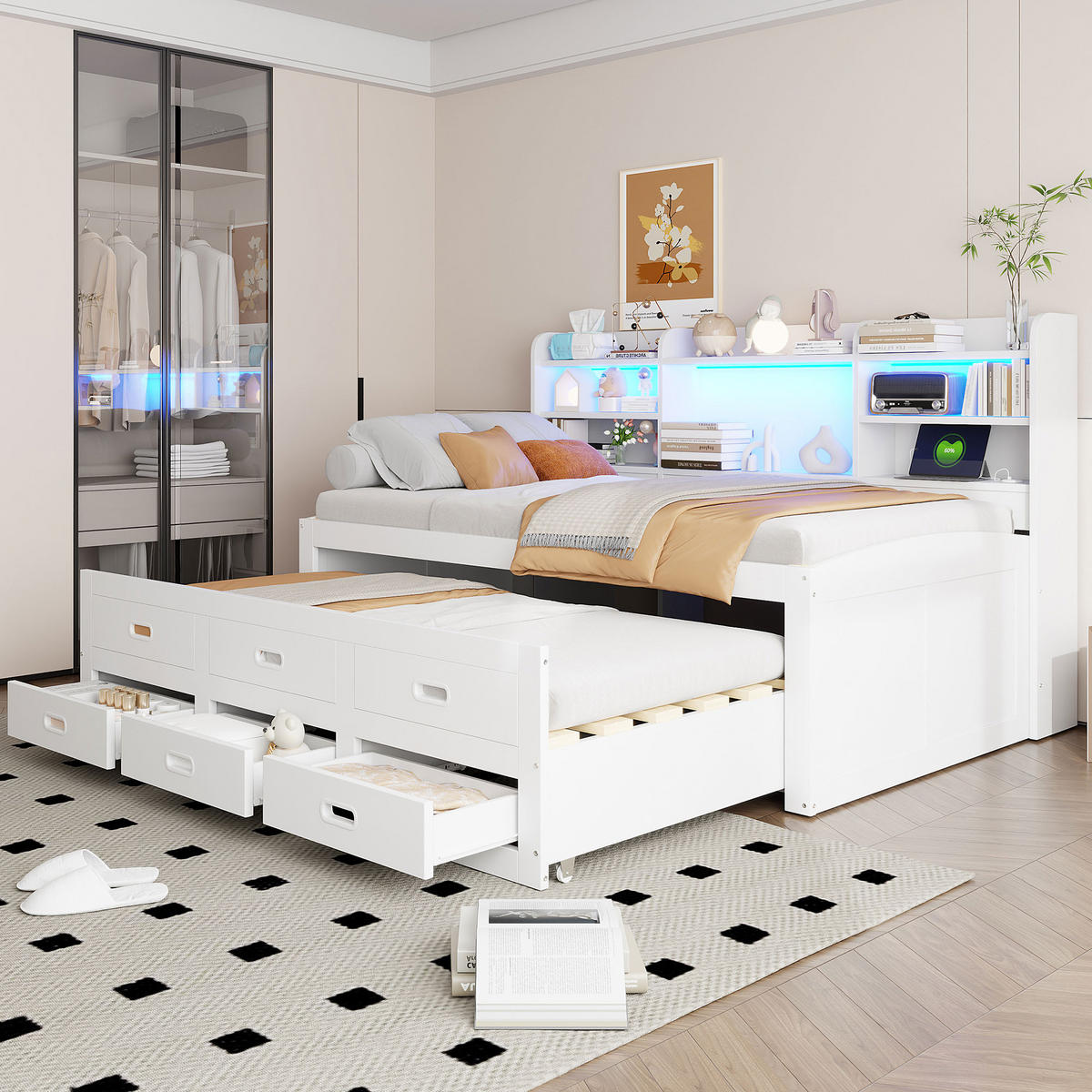 TAGESBETT 90x200cm Weiß LED Schubladen USB-C Nachttisch Klappbar Ausziehbar - Weiß, Holz (90/200cm) - FLIEKS