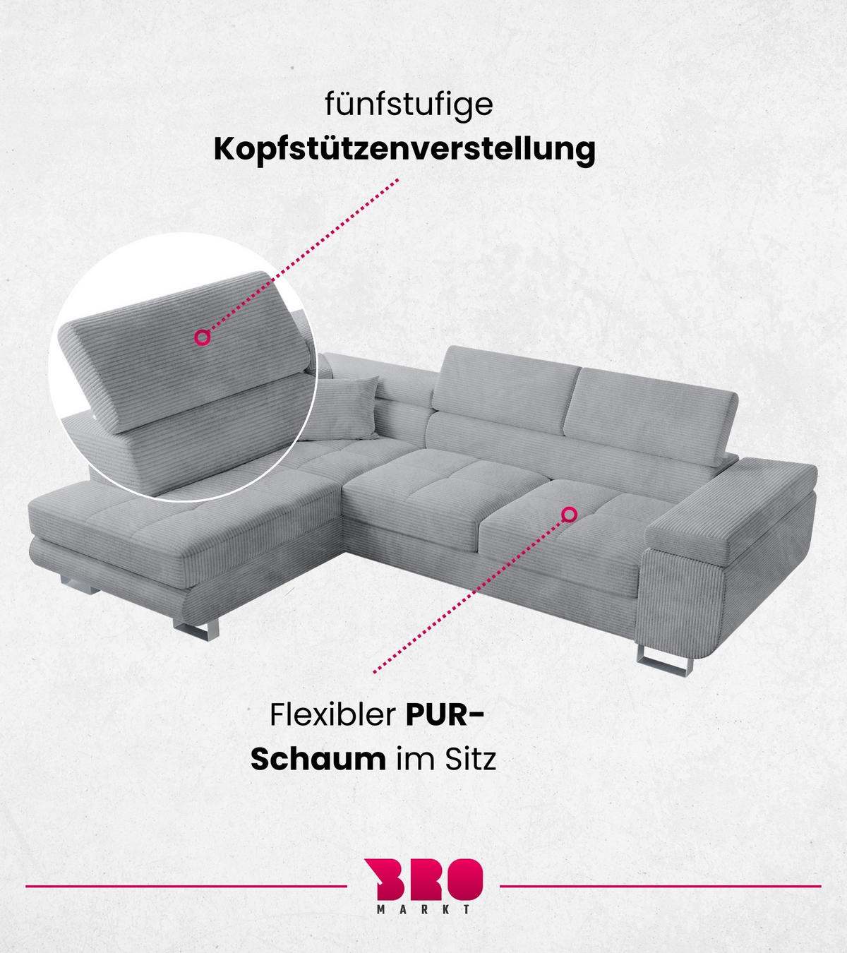 ECKSOFA Anton mit Schlaffunktion Grau Cord - Silberfarben/Hellgrau, Textil/Metall (142/275cm) - Bromarkt