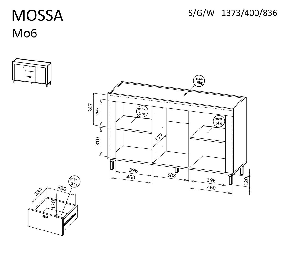 KOMMODE Mossa Weiß, Kombikommode mit Schubladen - Schwarz/Weiß, Holzwerkstoff (137/84/40cm) - Bettso