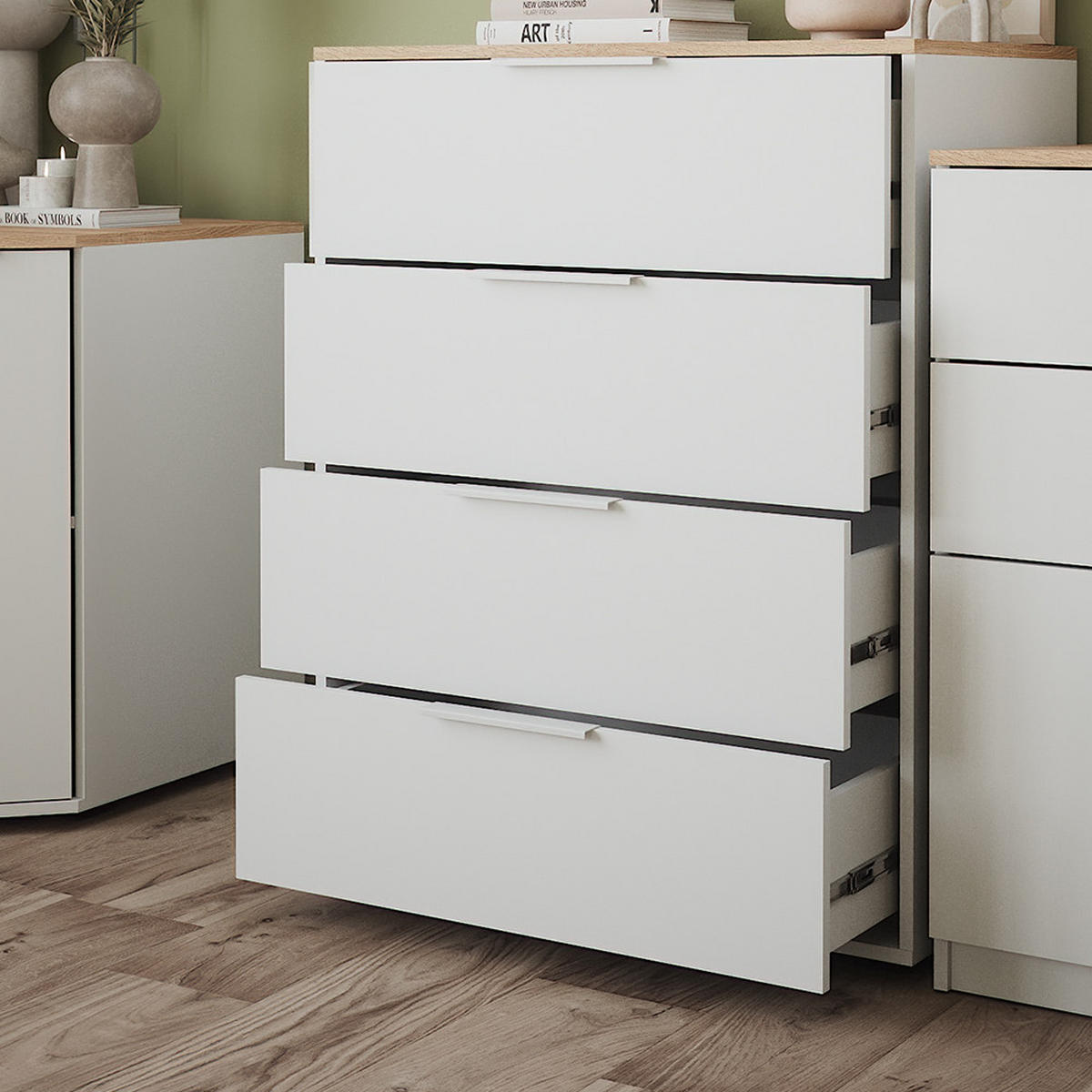 KOMMODE Betti Weiß/Sonoma 120 x 83.6 cm mit 4x Schublade - Weiß/Sonoma Eiche, Holzwerkstoff (30/83.6/120cm) - Vicco