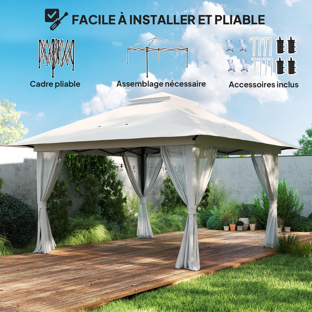 PAVILLON DE-13957 Pop-up 4/4 m, Doppeldach, UV50+, 4 Moskitonetze Weiß - Weiß, Textil (392/283/392cm) - ComfortXL