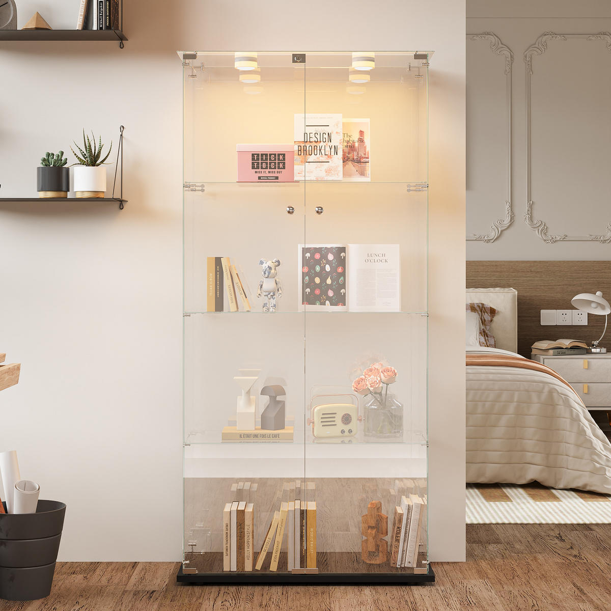 GLASVITRINE 163x78,5x35 cm 2 Türen LED Touch freistehend schwarz - Schwarz, Holz (78.5/163/35cm) - LEBENLANG