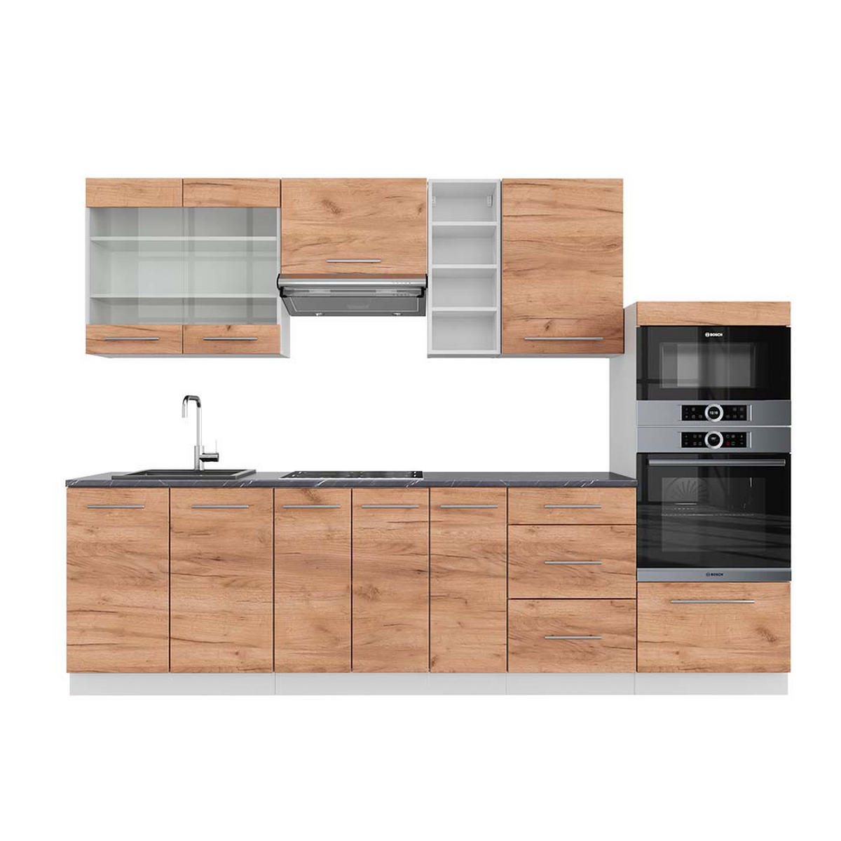 KÜCHENZEILE Fame-Line Goldkraft Eiche/Weiß 280 cm, AP Anthrazit - Honigeiche/Eiche Wotan, Holzwerkstoff (280/81.6/60cm) - Vicco