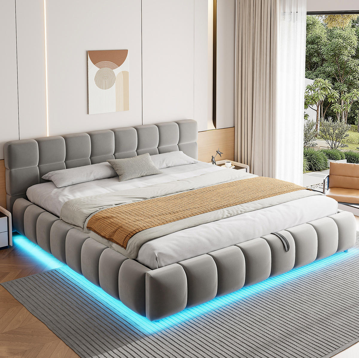 ČALOUNĚNÁ postel 180/200 cm s LED osvětlením a hydraulickým úložným prostorem, sametová šedá - šedá, textil (180/200cm) - Redom