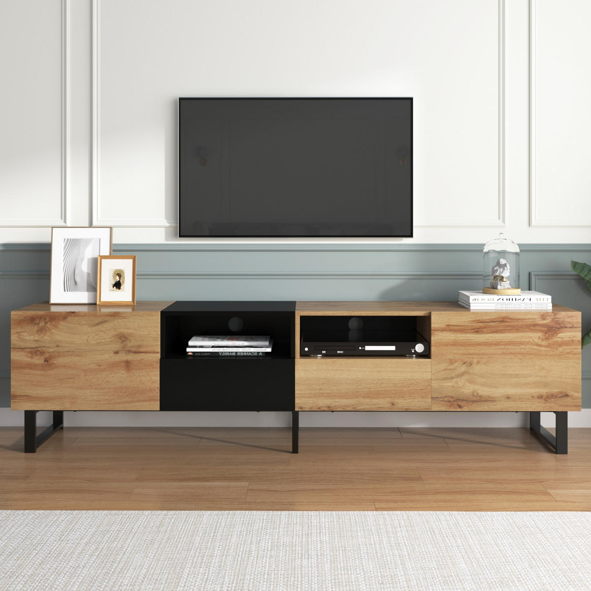 TV Lowboard 190x38x48 cm, 2 Türen, 2 Schubladen, Schwarz Holz - Schwarz, Holz (190/48/38cm)