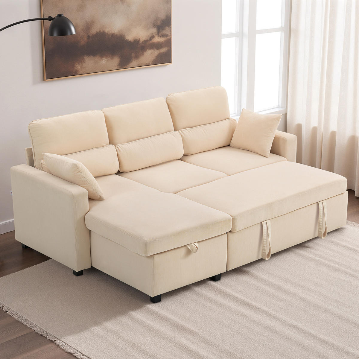 BETTSOFA Verstellbares Gästesofa mit Bettfunktion Stauraum und Kissen - Beige/Schwarz, Kunststoff/Textil (135/205cm) - HOMCOM