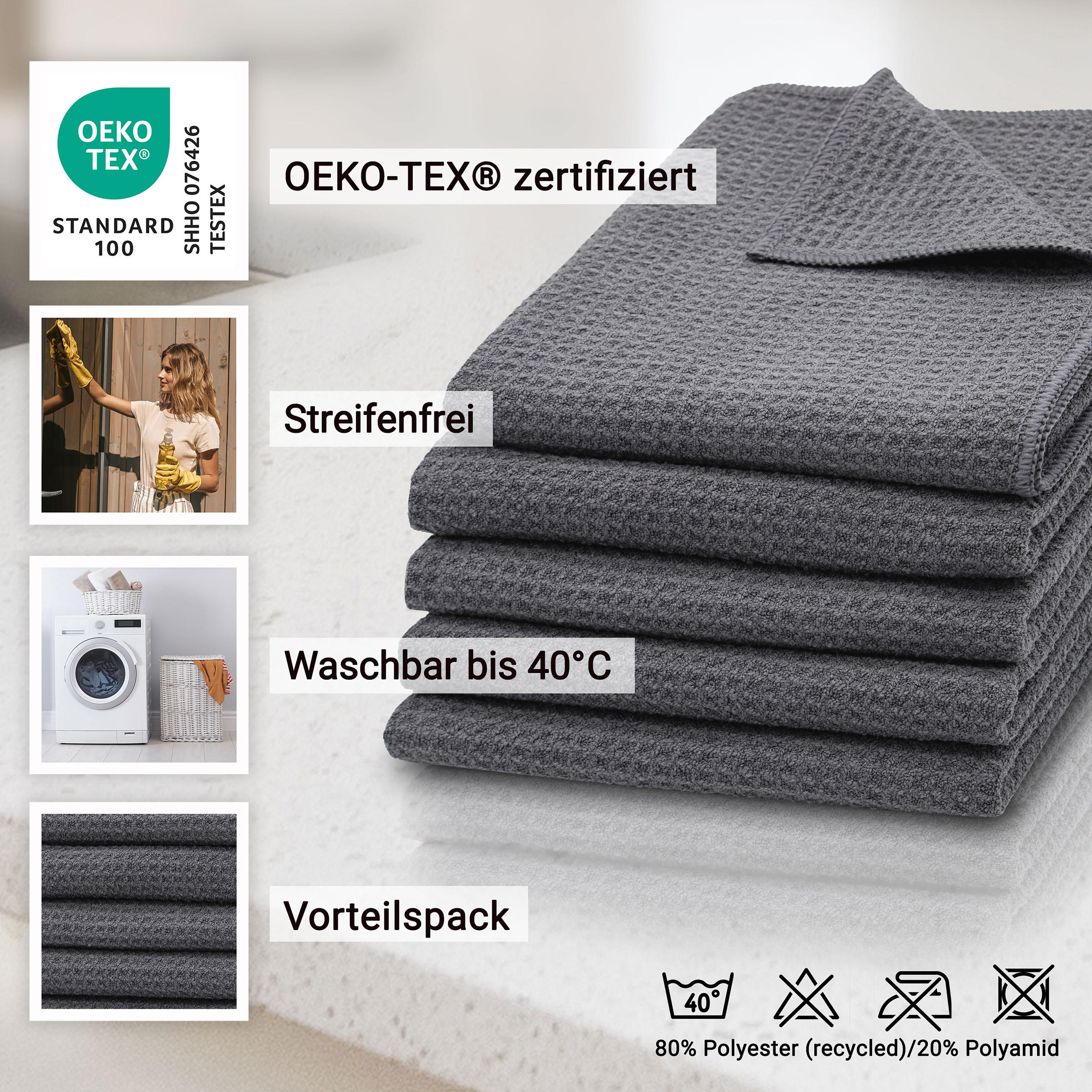 REINIGUNGSTÜCHER, 5er-Set, 40x70 cm, 80% Polyester, 20% Polyamid, Grau - Grau, Textil (40/70cm) - Zollner