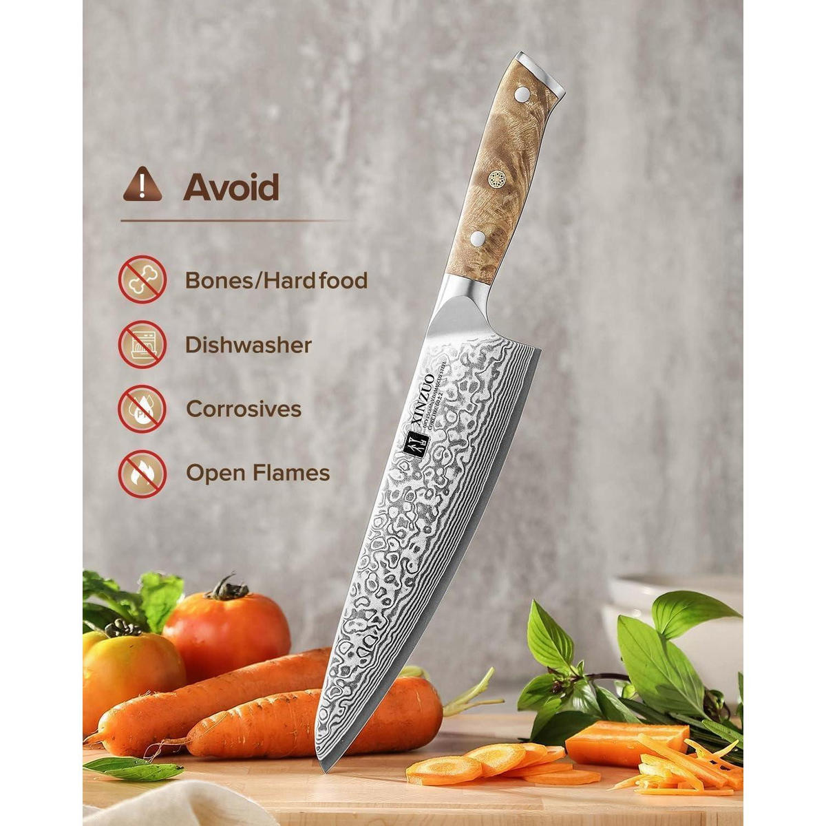 KOCHMESSER 21 cm Damaststahl mit Bergahornholzgriff - Multicolor, Metall (34cm)