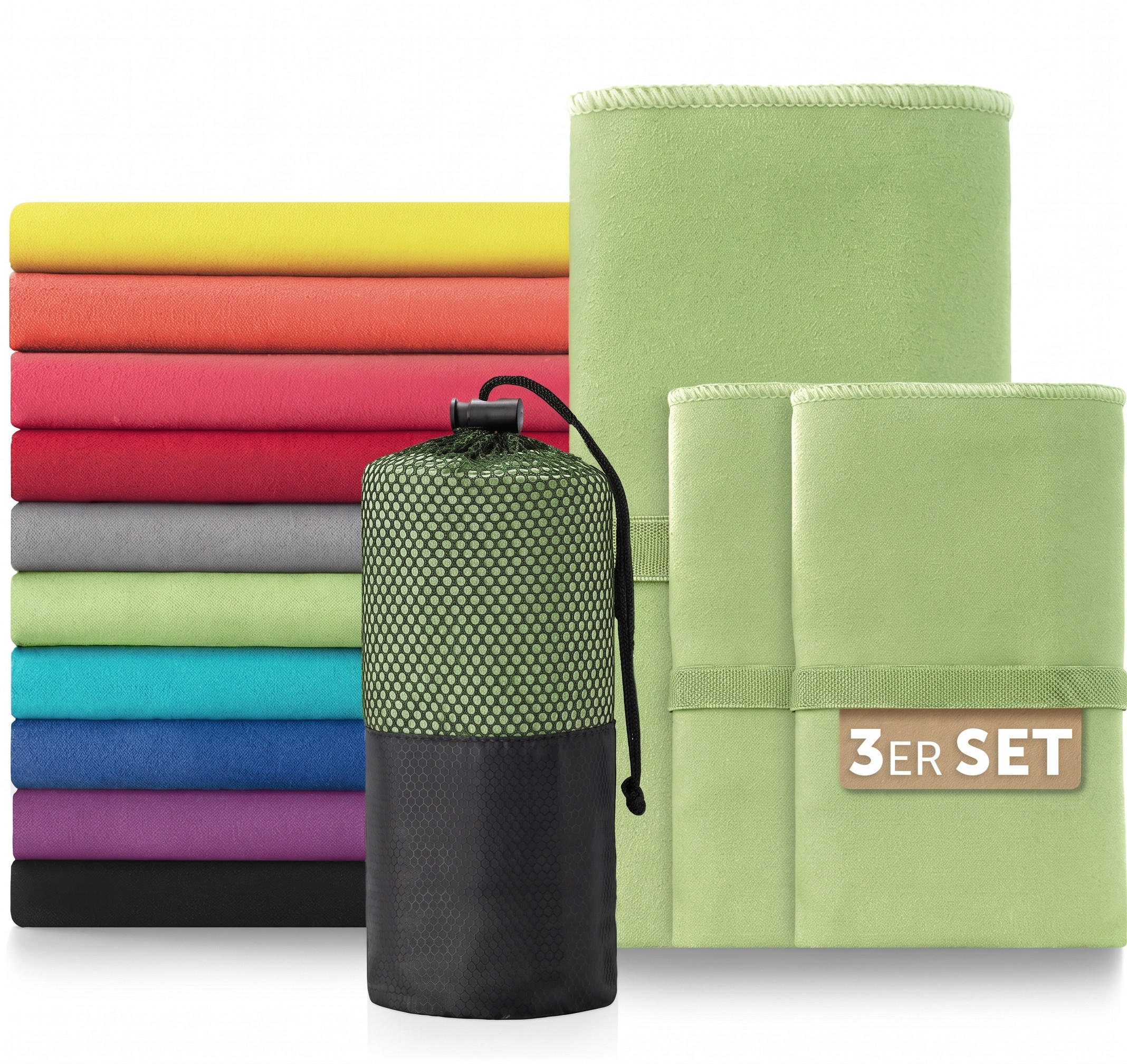 SPORTHANDTUCH microfiber 3er-Set , 180/90 cm & 2 x 80/40 cm,Grün - Grün, Textil (180/90cm) - Blumtal