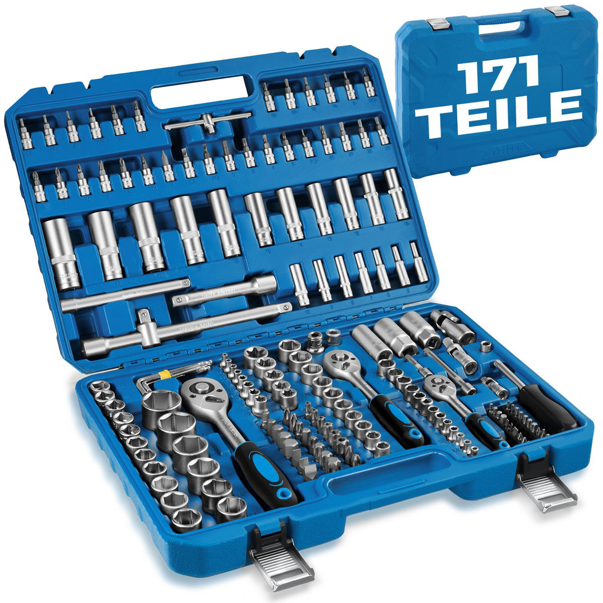 STECKSCHLÜSSELSATZ, übersichtliche Anordnung im Kunststoffkoffer, blau - Blau, Metall (46.5/33.5/9cm) - tectake