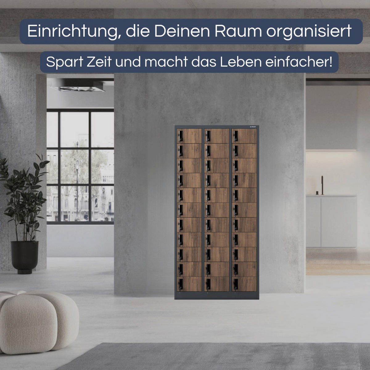 SCHLIESSFACHSCHRANK Spind PORTO 33 Fächer185x90x45cm Anthrazit-Nussbaum - Anthrazit, Metall (90/185/45cm) - DELUKE