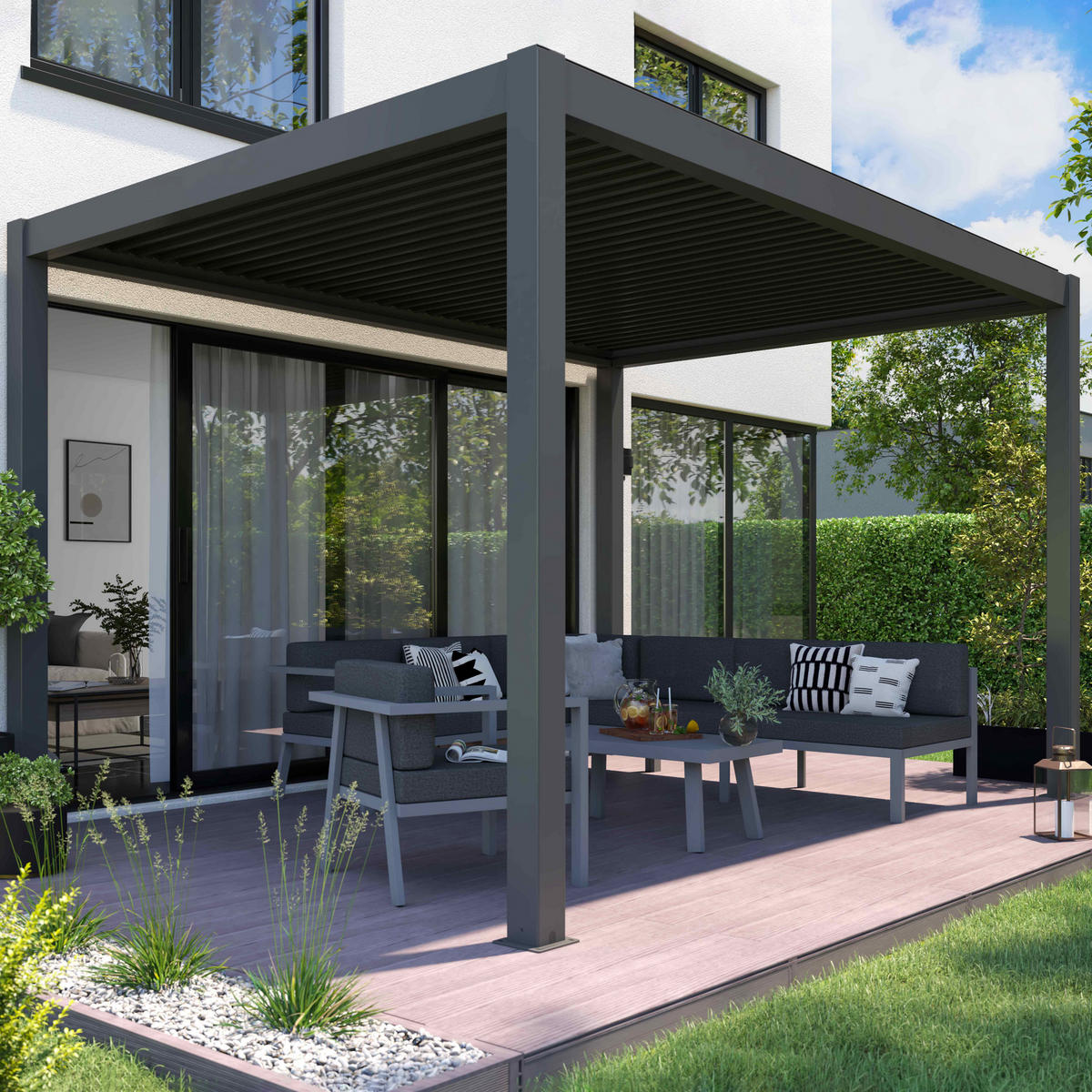 PERGOLA 3x4m, beleuchtet, motorisiert, Grau - Grau, Metall (290/257/397cm) - Oviala