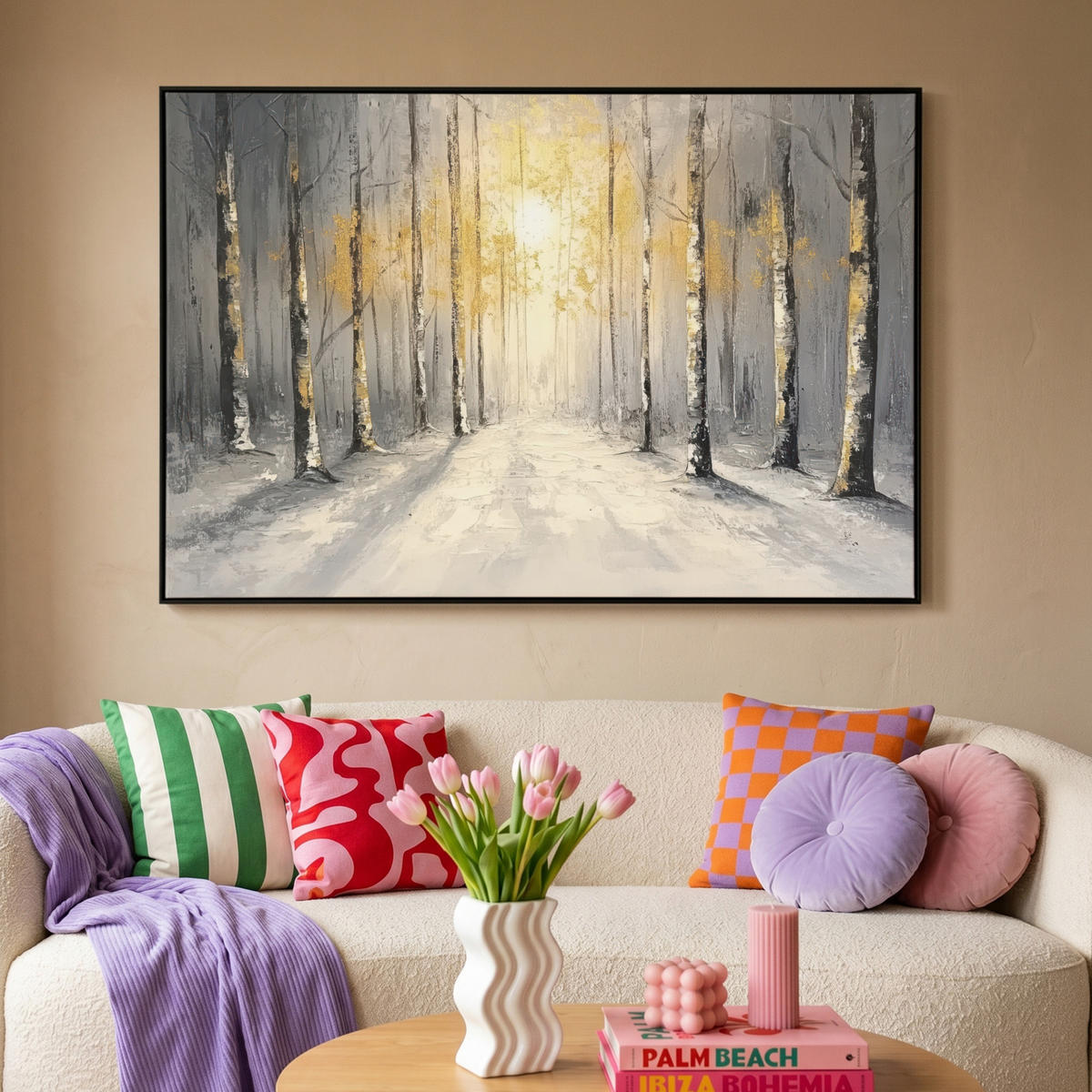 LEINWAND Bilder mit Rahmen - Winter - Abstrakt - Schnee - Natur - Sonne - 120x80 - Grau, Textil (120/80cm) - MuchoWow