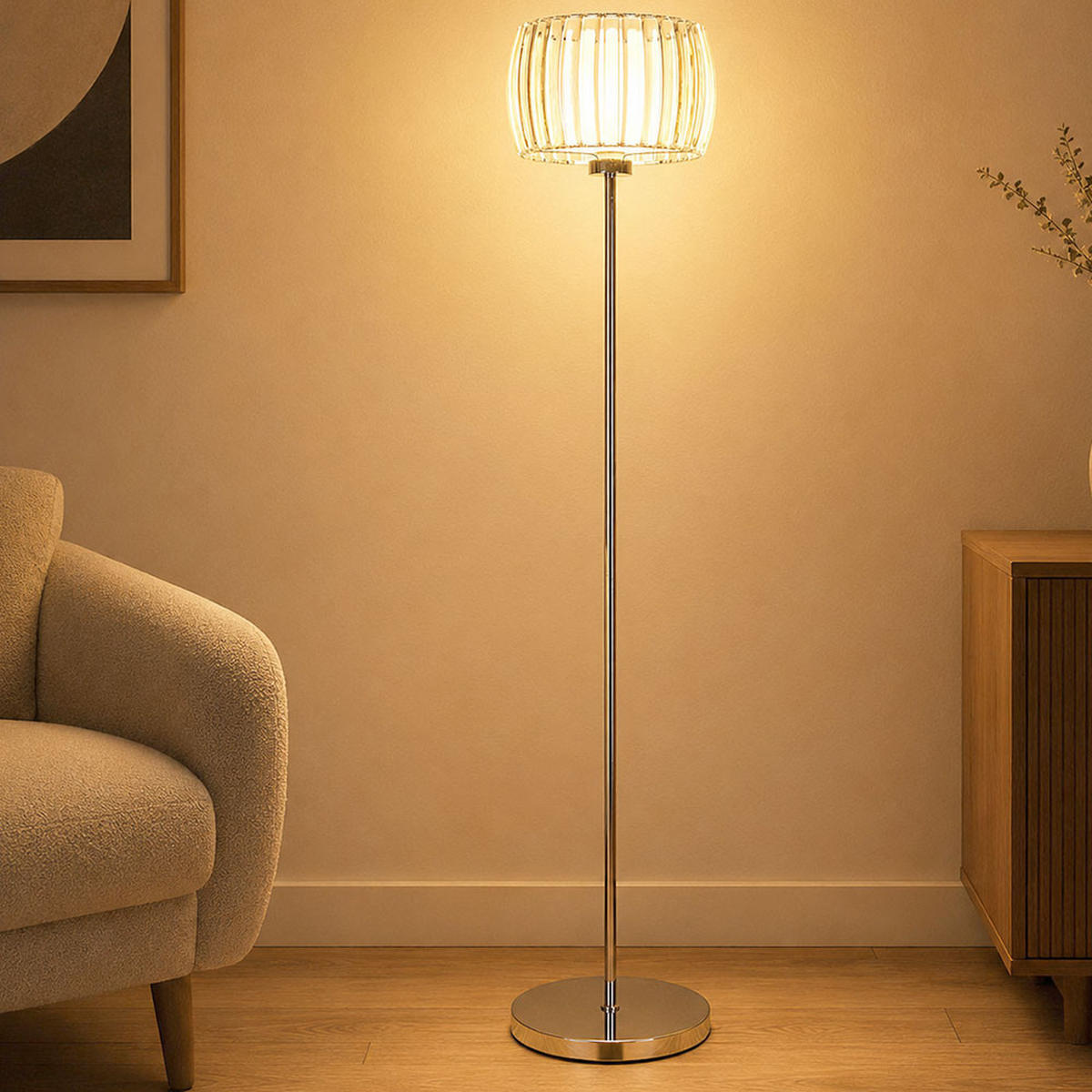 LED STEHLEUCHTE, Metall verchromt, Silber, Fußschalter - Silberfarben, Glas (32.5/32.5/150cm) - Globo Lighting
