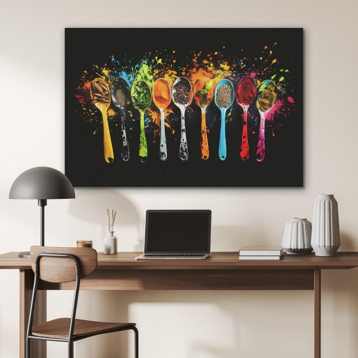 AKUSTIKBILD Löffel - Gewürze - Modern - Graffiti - Farbe - Farbenfroh Wandbild Wohnzimmer 100x70 cm - Multicolor, Textil (100/70/0.9cm) - MuchoWow