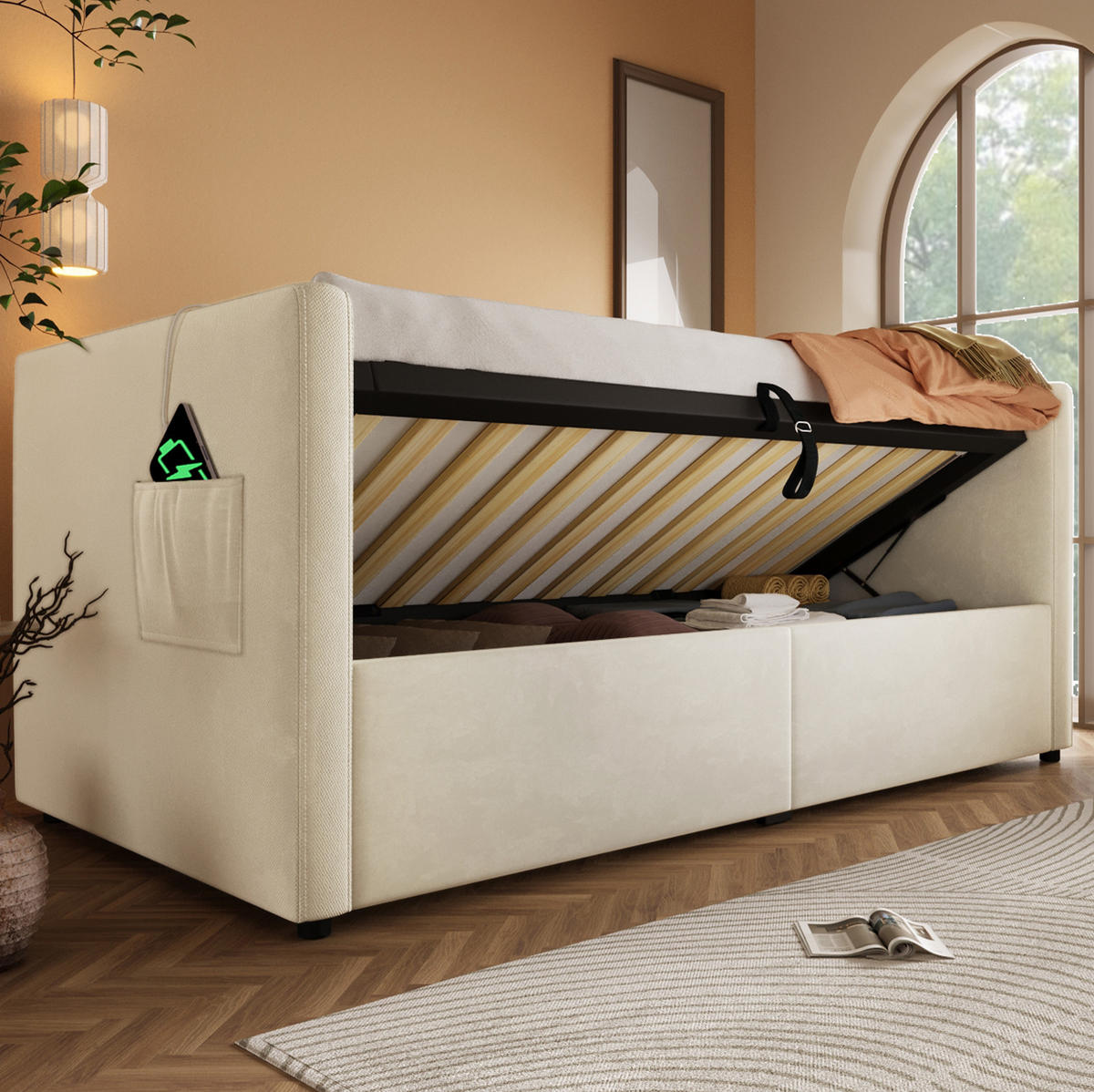 BETT 90/200 cm Beige mit hydraulischem Stauraum und USB- und Type-C-Anschlüssen - Beige, Textil (90/200cm) - OKWISH