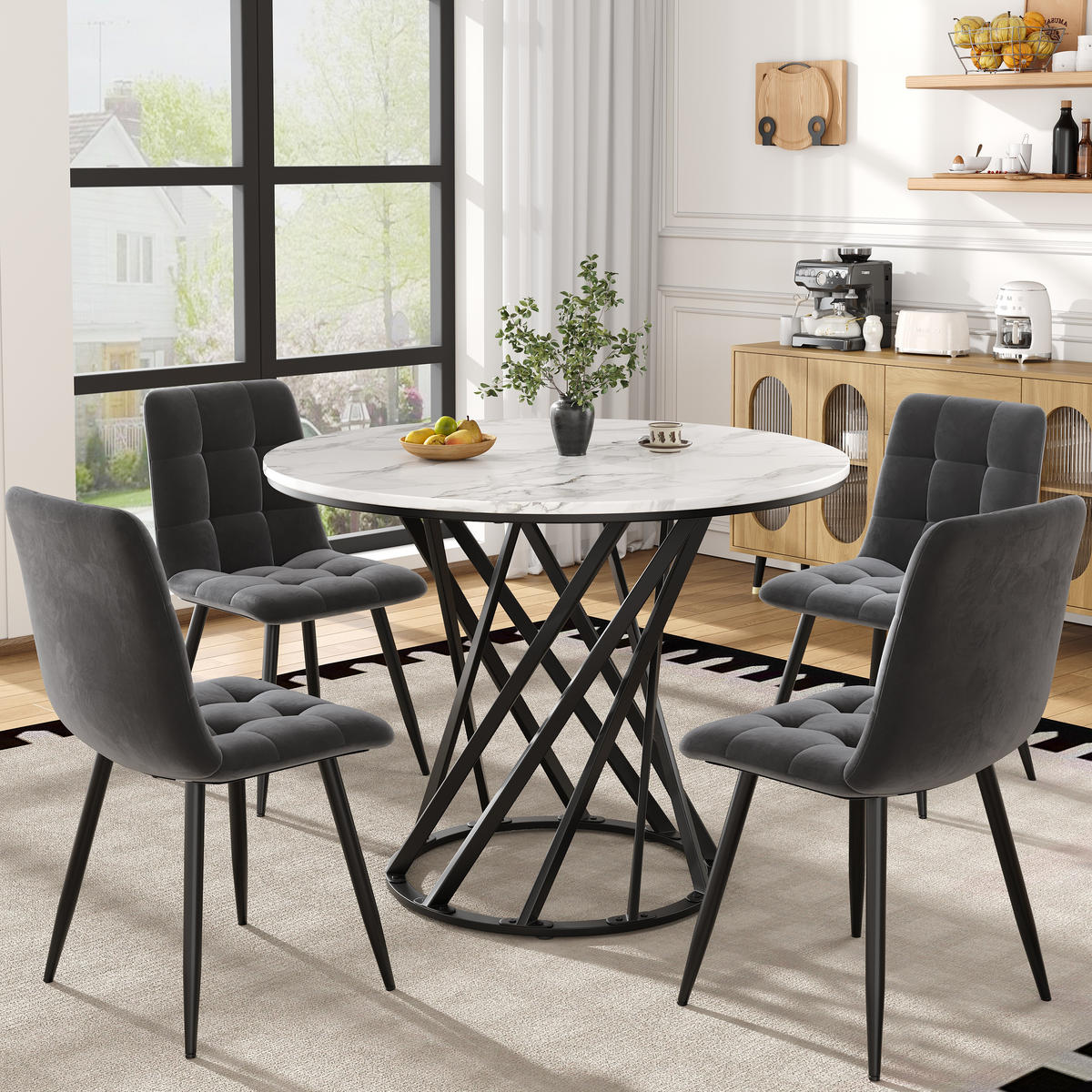 ESSTISCHSET 5-Teilig Rund 80 Cm, Weiße MDF, 4 Samtstühle, Schwarz - Schwarz, Metall (80/76/80cm) - FLIEKS
