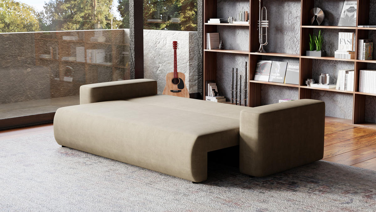 SOFA Bubi mit Bettkasten und Schlaffunktion, Velourstoff - Cappuccino, Holzwerkstoff (242/85/95cm)