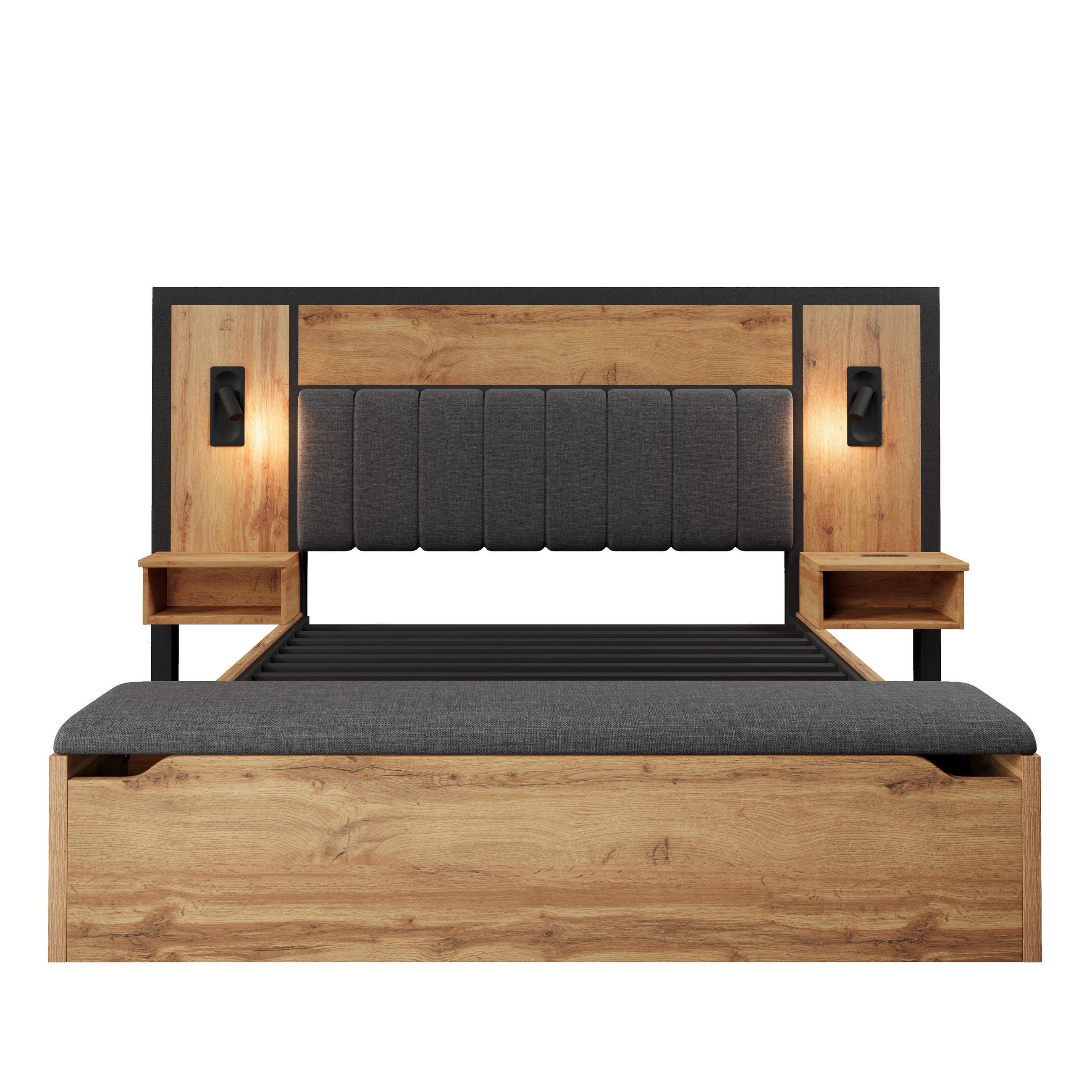POLSTERBETT 160/200 cm mit Leselampe, Nachttisch, Sitzbank und Stauraum, Eiche - Eichefarben, Holz/Metall