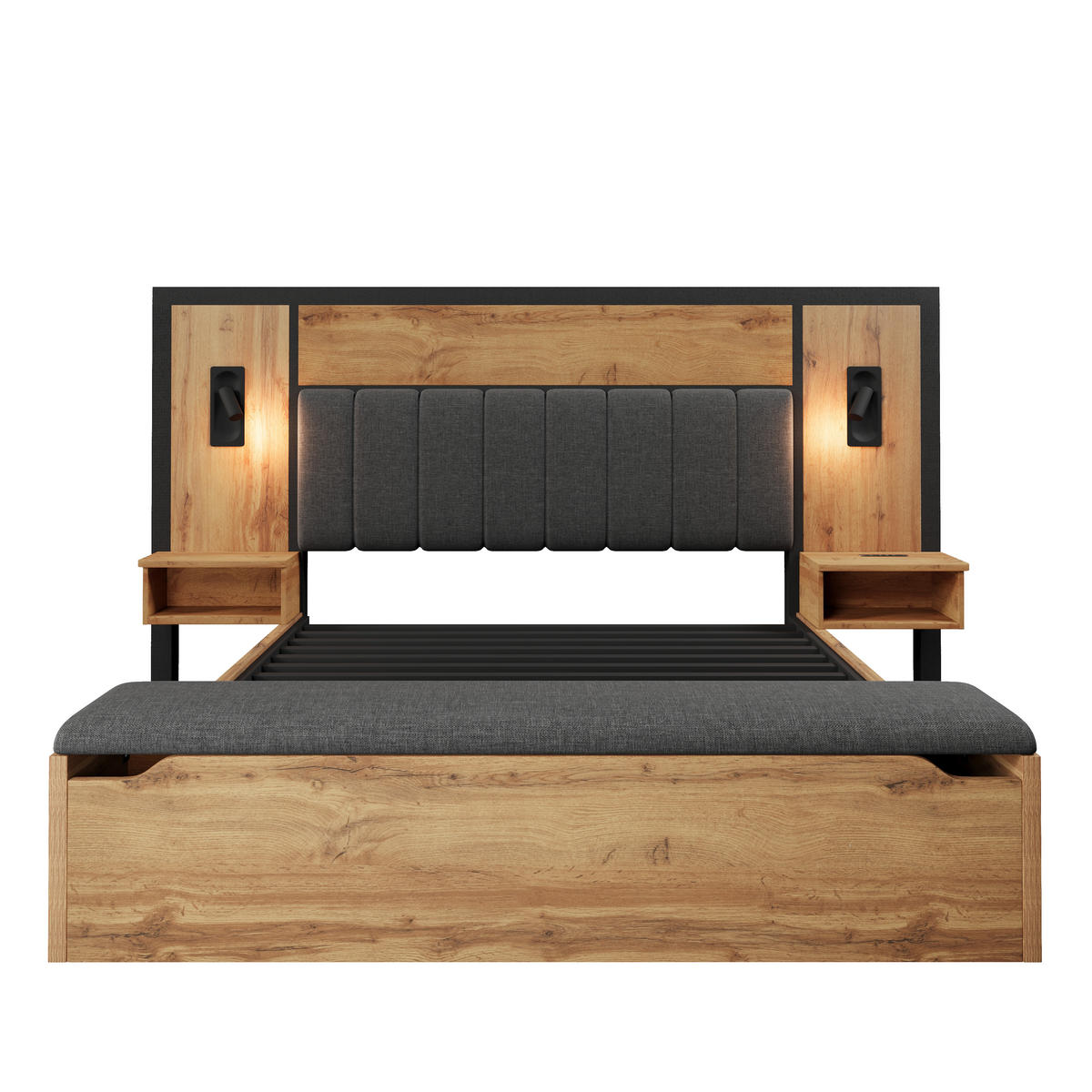 BETT 160/200 cm DE-00948, in Eiche, Sitzbank und Matratze - Eichefarben, Holz (160/200cm) - ComfortXL