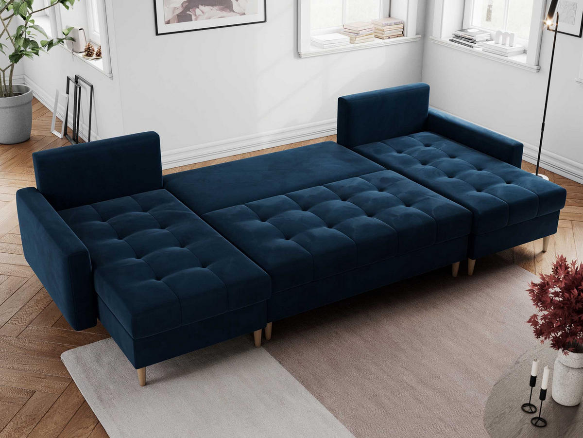 WOHNLANDSCHAFT Colin U Velvet Dunkelblau - Dunkelblau/Braun, Holz/Textil (290/75/140cm) - MKS