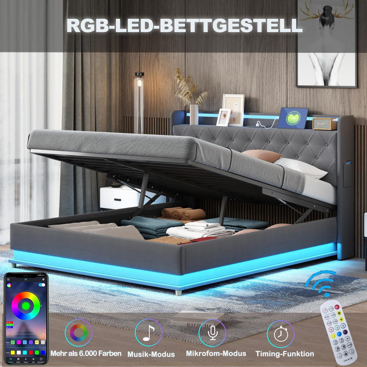 POLSTERBETT 140x200 LED USB Hydraulisch Stauraum Leinen Grau - Grau, Holzwerkstoff - FLIEKS