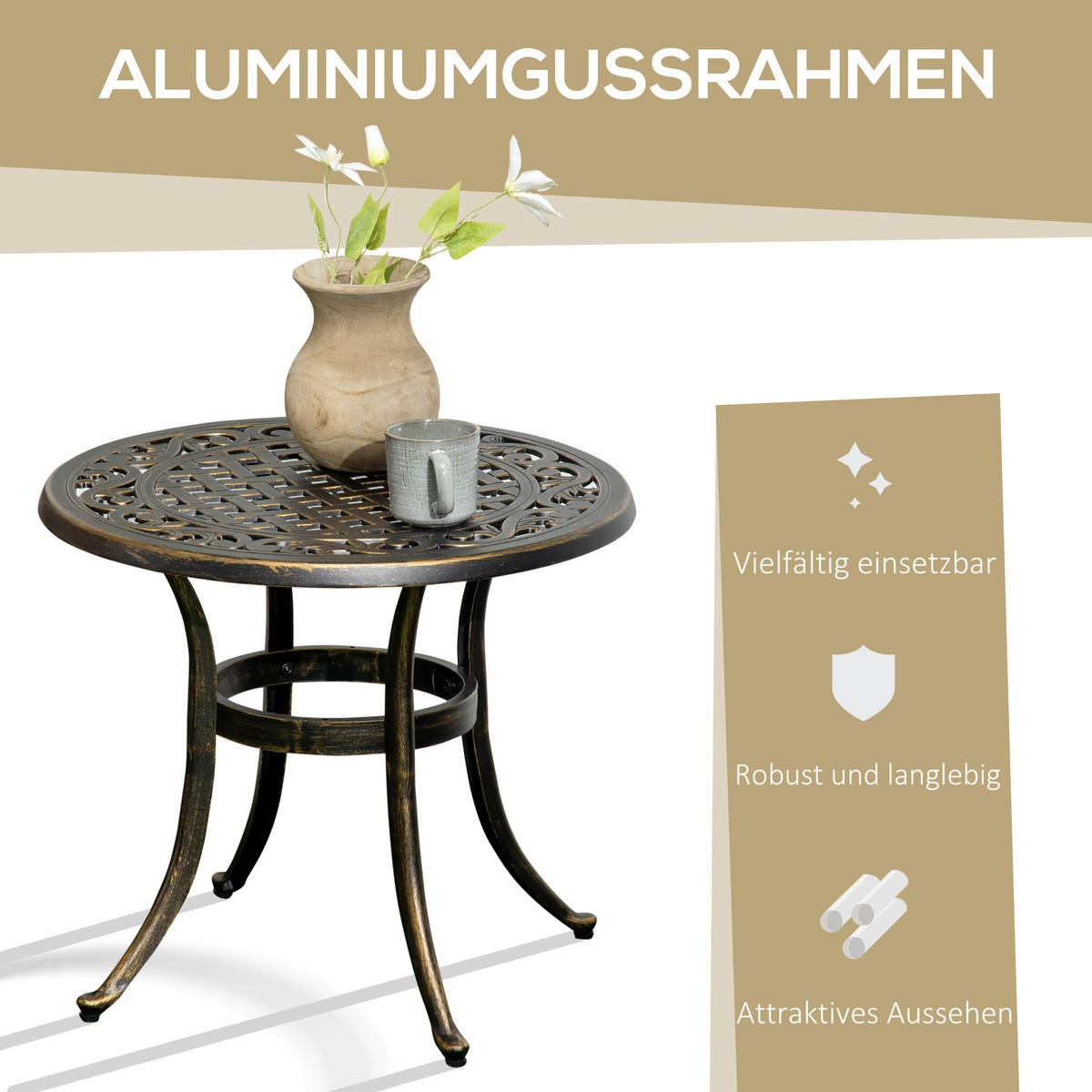 GARTENBEISTELLTISCH rund Bronze 60/60/52,50 cm - Bronzefarben, Metall (60/60/52.5cm) - Outsunny