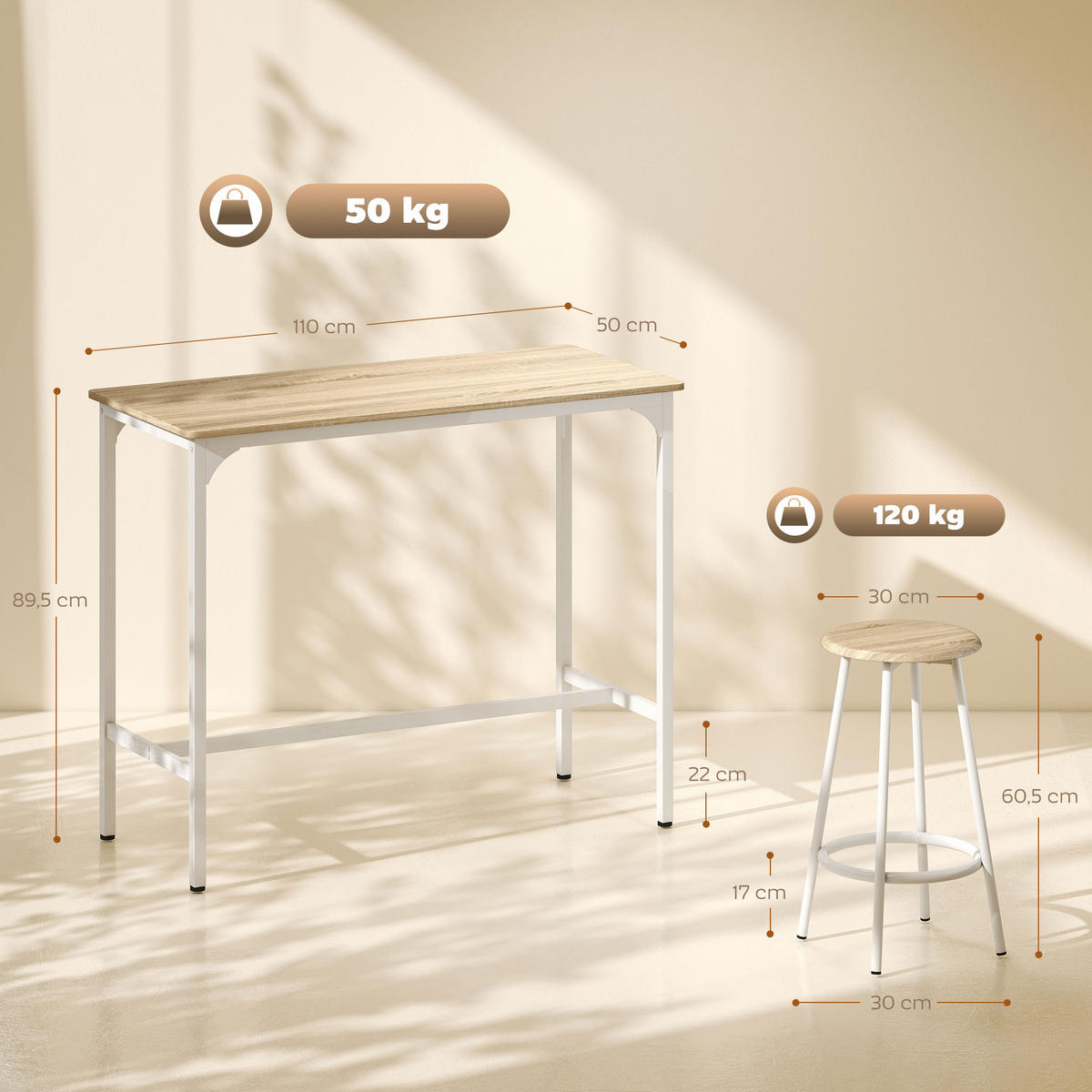 BARTISCH-SET DE-14809 4 Hocker mit Fußstütze Holzoptik/Weiß - Braun, Metall (110/50/89.5cm) - ComfortXL