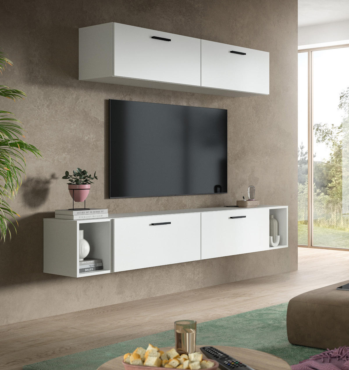 WOHNWAND weiß 202 cm, Schrankwand mit Soft-Close - Schwarz/Weiß, Holzwerkstoff/Kunststoff (202/184/34cm) - Inn.Furn