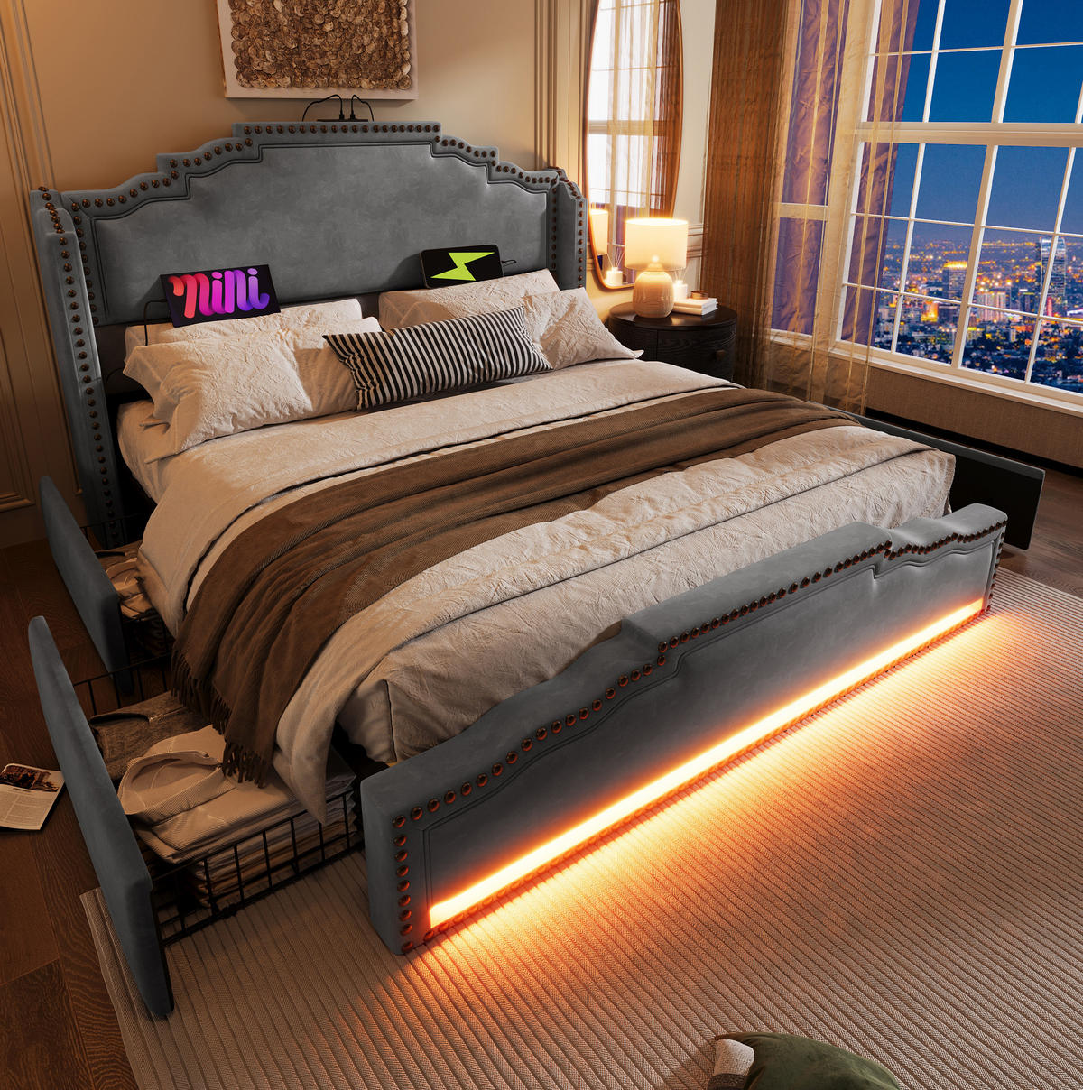 POLSTERBETT 180/200 cm aus Samt mit 4 Schubladen, LED und USB-/USB-C-Anschluss, Grau - Grau, Textil (180/200cm) - Redom
