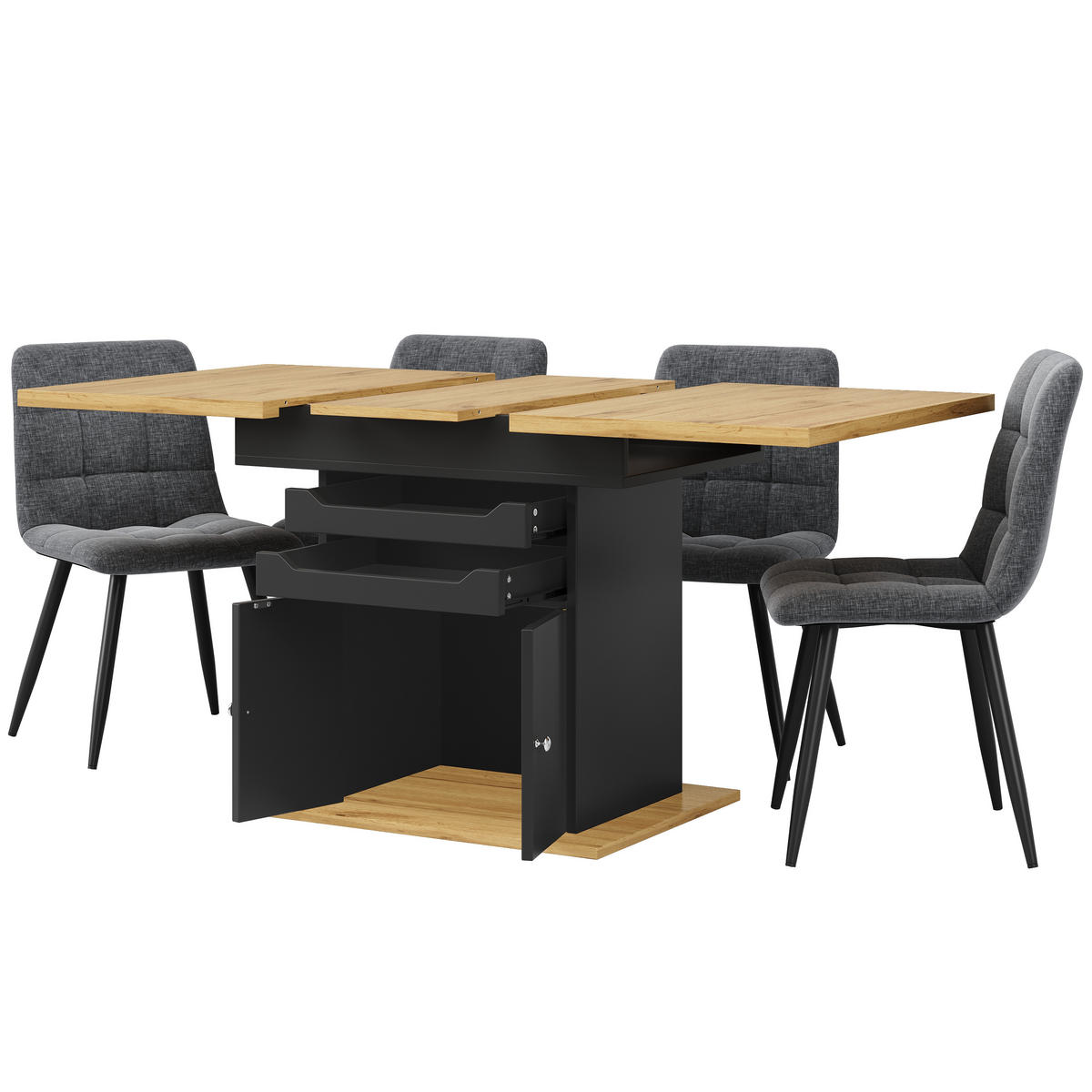 ESSTISCH mit Ausziehfunktion 2 Schubladen Aufbewahrungsschrank und Klappfunktion 110-140/80 cm - Schwarz, Holzwerkstoff/Metall (140/80/76cm) - EVRYAE