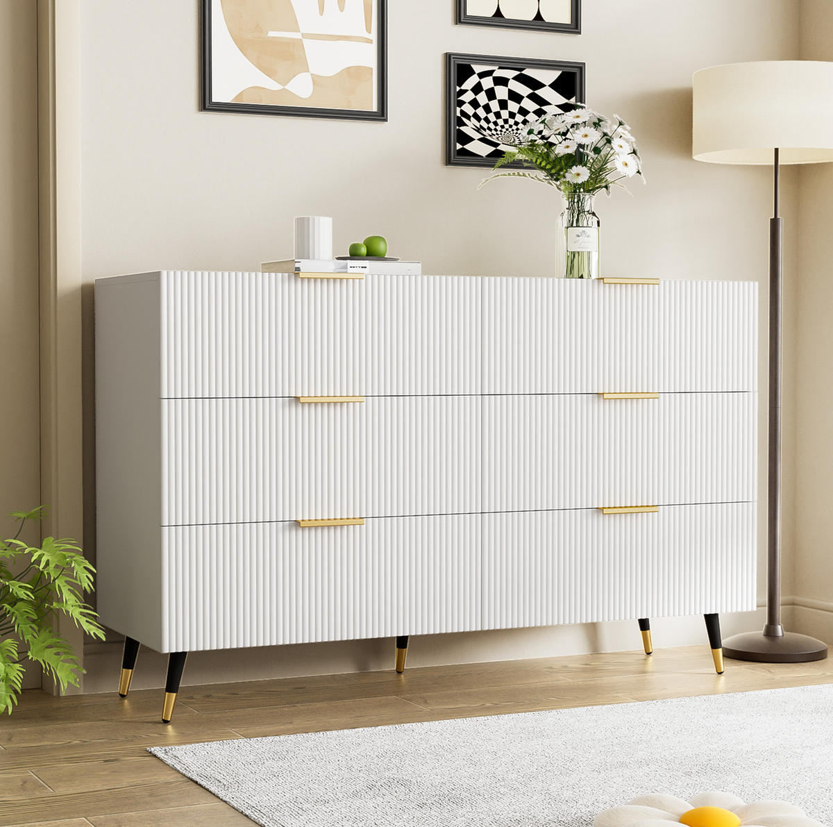 SIDEBOARD 120/40/77 cm in Weiß mit 6 Schubladen und goldfarbenen Details - Weiß, Holzwerkstoff (120/77/40cm) - Flora Grace