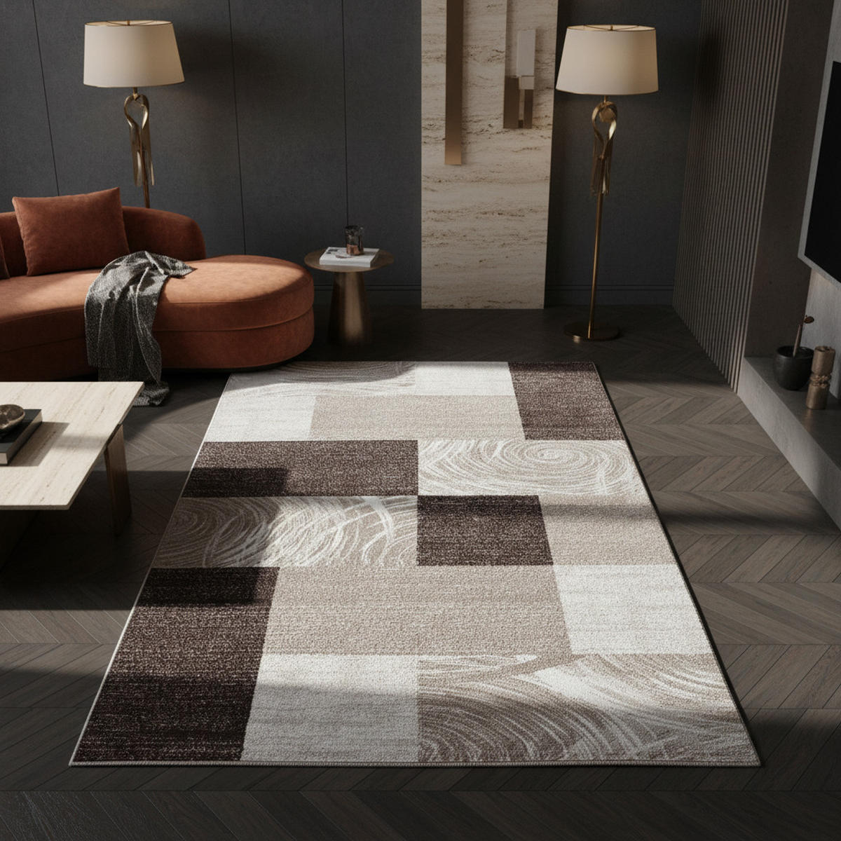 TEPPICH Handwäsche Kurzflor Abstrakte Karos Polypropylen Wohnzimmer Braun Rechteckig 280x370 - Braun, Textil (280/370cm) - KADIMA DESIGN