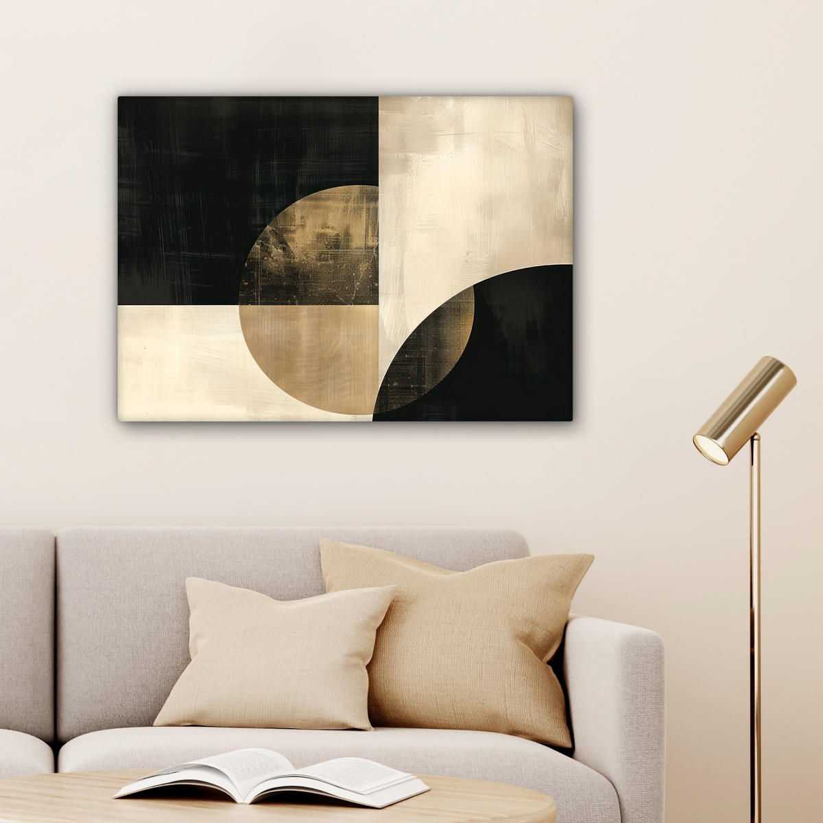 LEINWANDBILD Abstrakt - Geometrische Formen - Schwarz - Gold Wandbilder 80x60 cm - Ecru, Textil (80/60cm) - MuchoWow