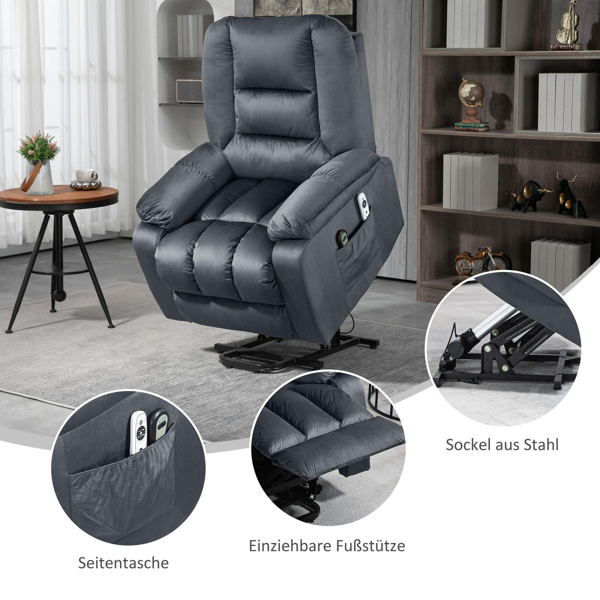 MASSAGESESSEL DE-06417 Mit Aufstehilfe, 45° Lift, 150° neigbar, 8 Massagepunkte, USB Grau - Grau, Metall (94/107/85cm) - ComfortXL