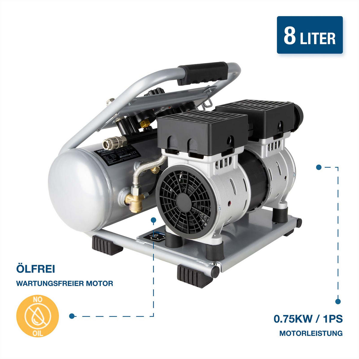 SILENT Kompressor SAC75008 (9 bar, 8L, tragbar, ÖLFREI, 49 dB, 750 W / 1 PS) - Silberfarben, Metall (41/41/35cm) - HYUNDAI