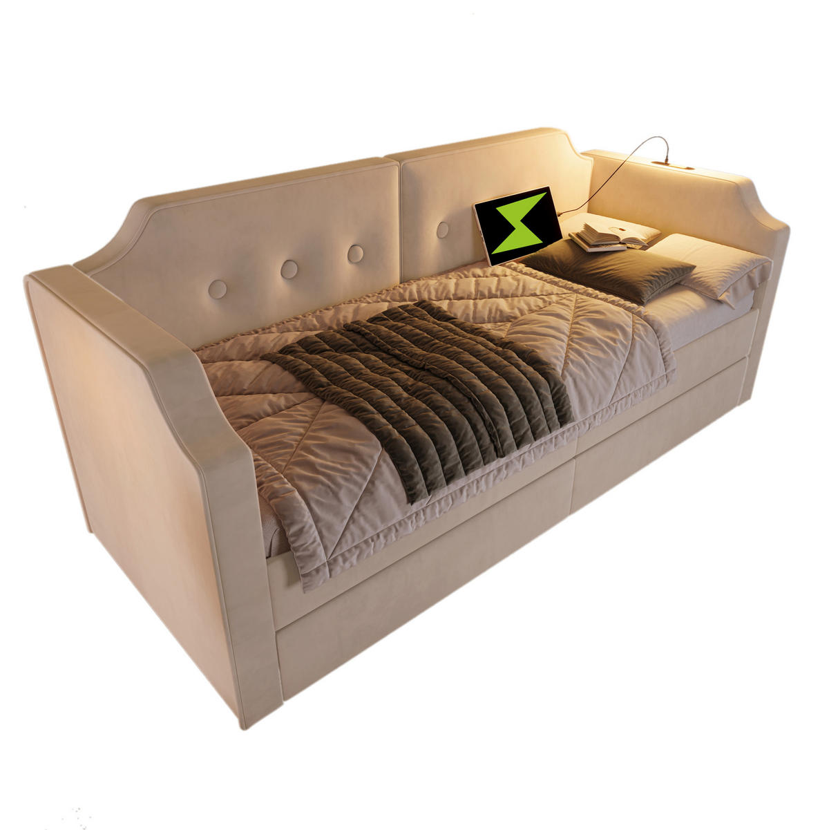 POLSTERBETT aus Samt 90x200 cm Beige mit USB-Type-C, Leselampe und 2 Schubladen - Beige, Textil (90/200cm) - Modfu