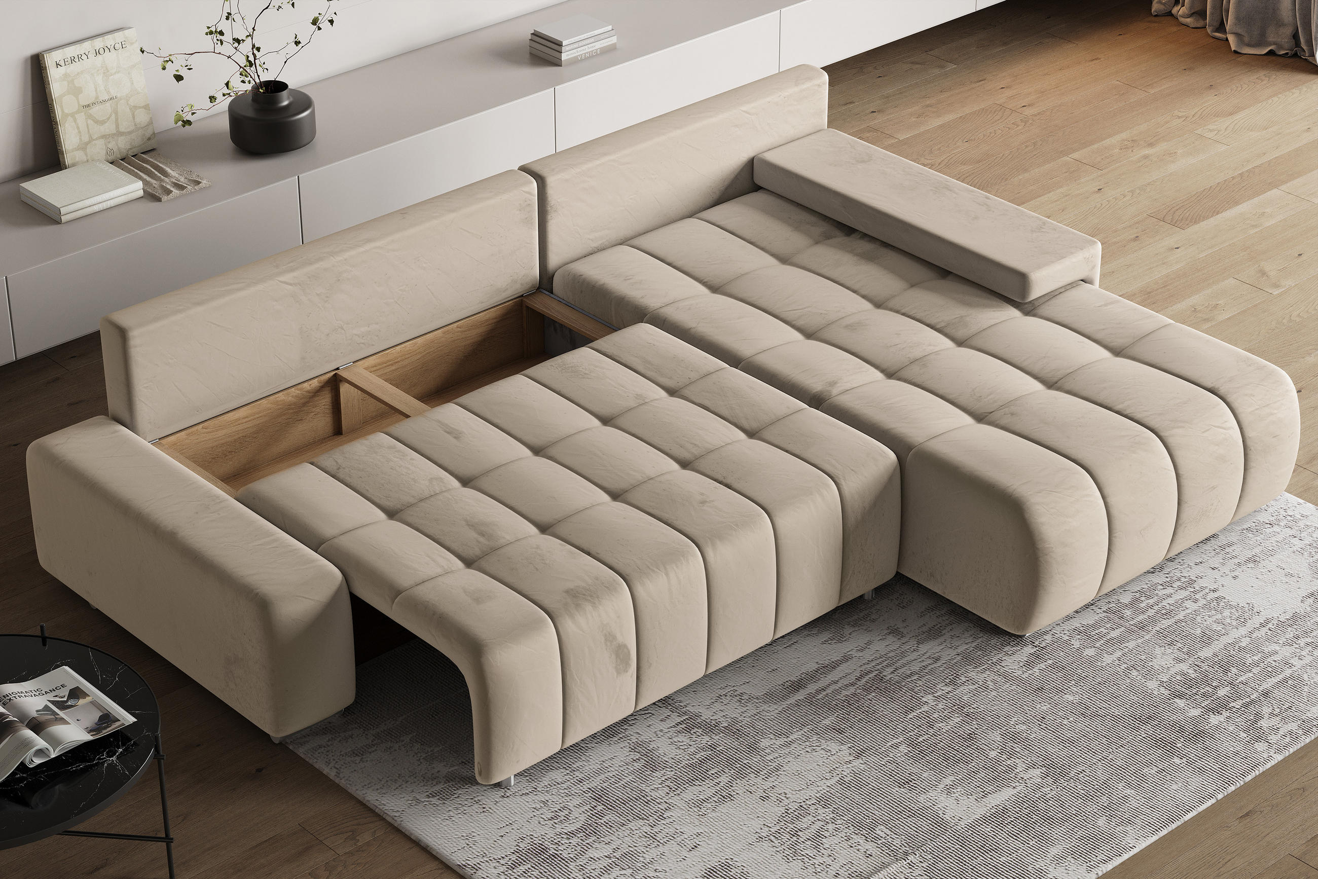 ECKSOFA ALESE R-S Creme Velours-Stoff mit Schlaffunktion - Creme, Holz (265/185cm) - MASSENO