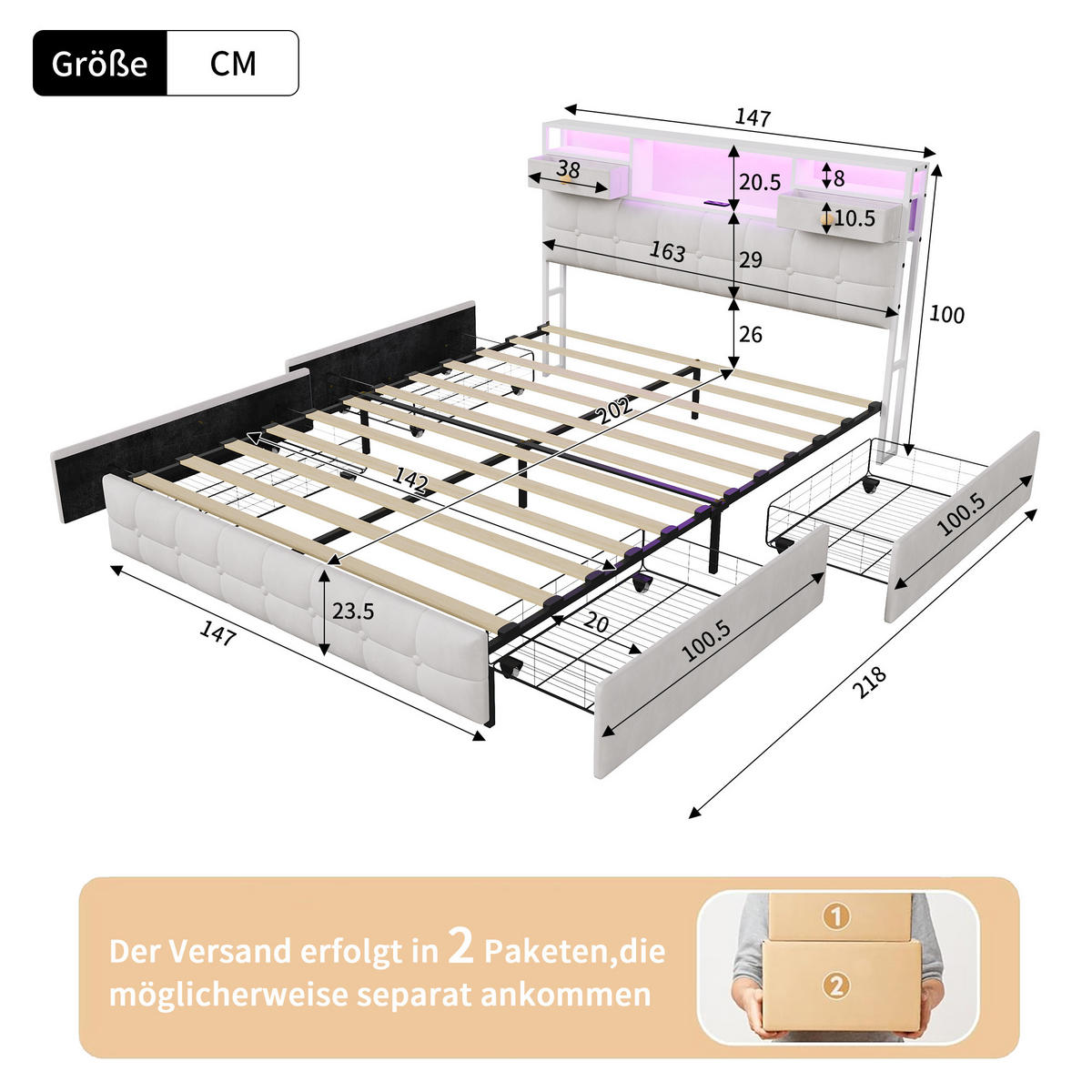 POLSTERBETT 140x200 cm mit 4 Schubladen, LED und USB-/Typ-C-Anschlüsse, Samt in Beige - Beige, Holz (140/200cm) - BRILVERDE