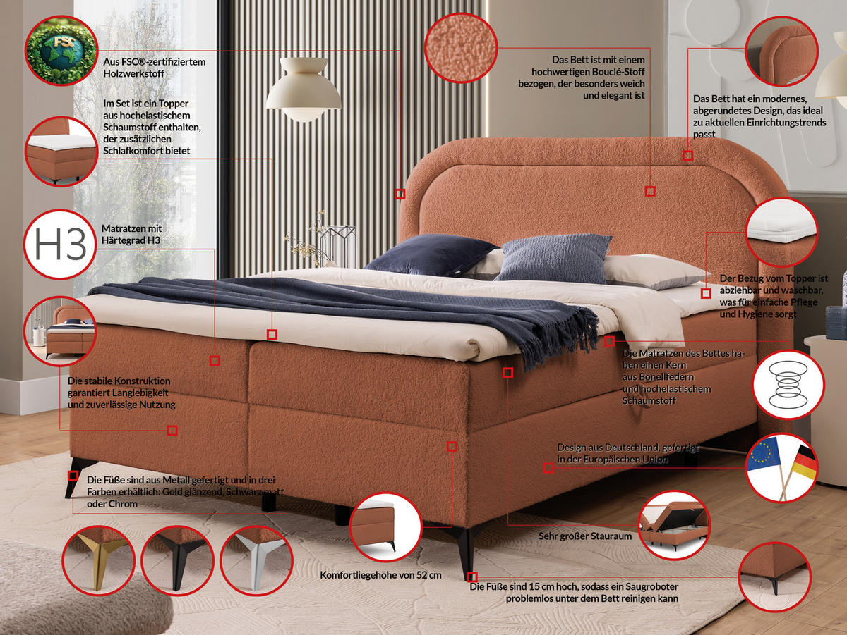 BOXBETT Sonna 160/200 cm Terrakotta Bouclé-Stoff mit abgerundetem Kopfteil und mit silbernen Metallfüßen - Silberfarben/Terra cotta, Holz/Textil (160/200cm) - S-Style Möbel