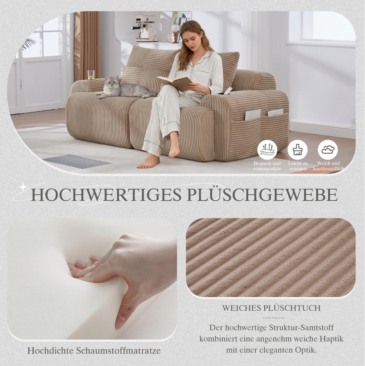 2-SITZER Sofa Cord mit Getränkehalter und Seitentasche 200/99/80 cm Sandfarben - Sandfarben, Textil (99/80/200cm) - Redom