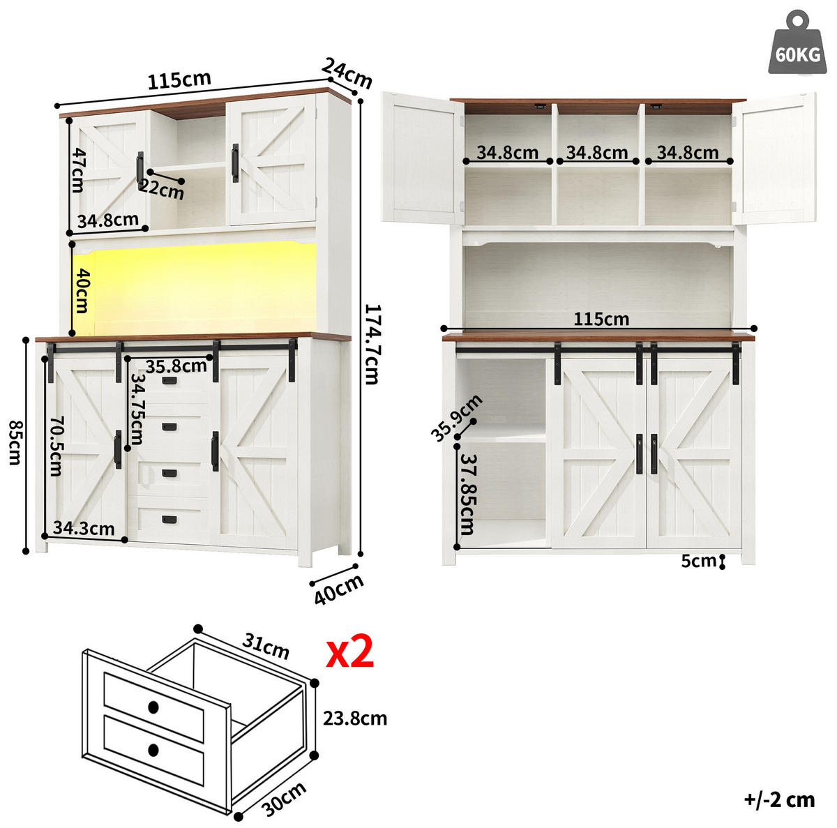 KUHINJSKI ormarić 115/40/174,7 cm s LED osvjetljenjem, kliznim vratima i ladicama, Bijela - bijela, drvni materijal (40/174.7/115cm) - Redom