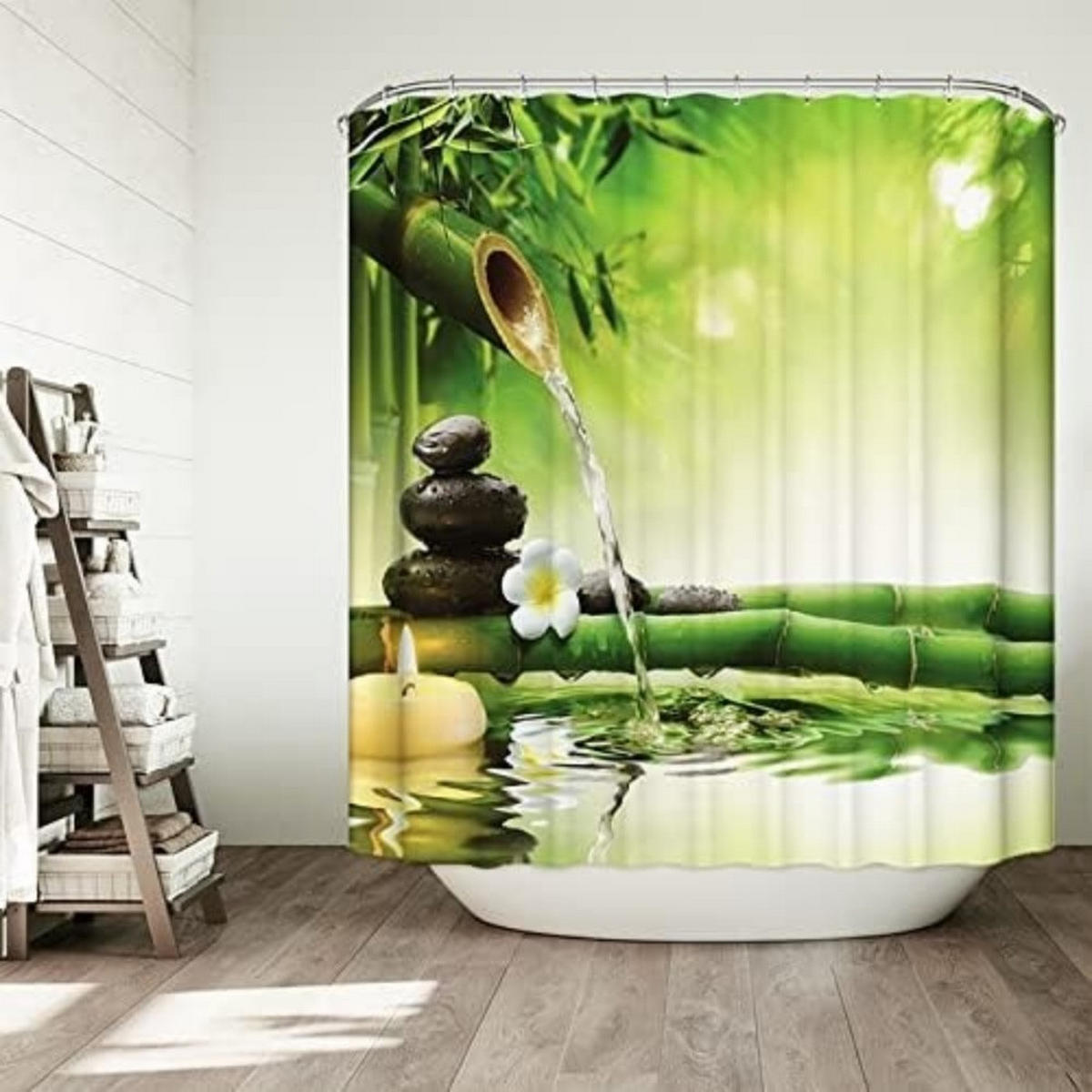 DUSCHVORHANG Grün Polyester schimmelresistent wasserdicht Stoff Zen mit Haken - Grün, Textil (180/120cm) - MCBOSON