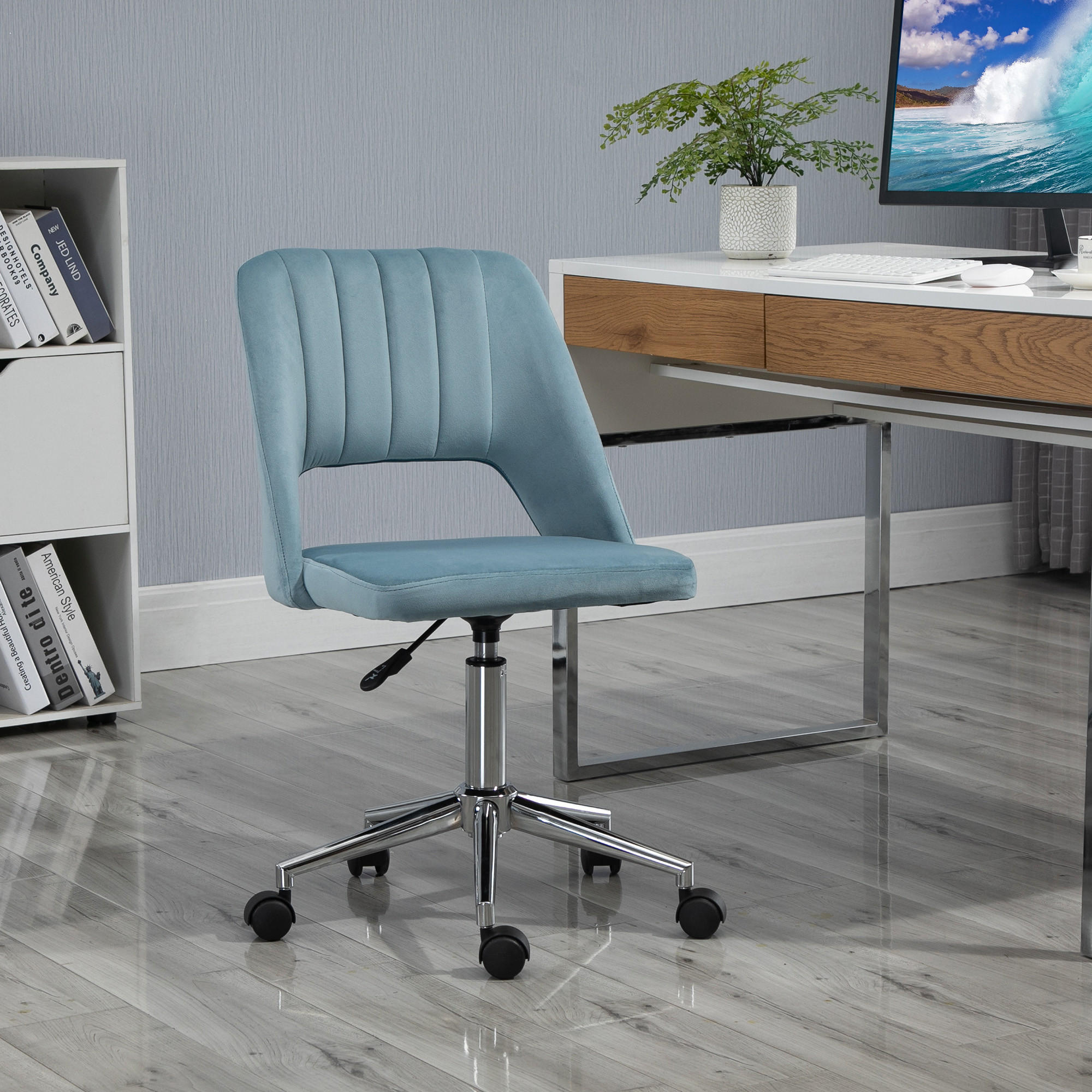 BÜROSTUHL Drehstuhl Jakobsmuschel-Form verstellbar Samtartiges Polyester Blau - Blau/Chromfarben, Textil/Metall (60/91/49cm) - Vinsetto