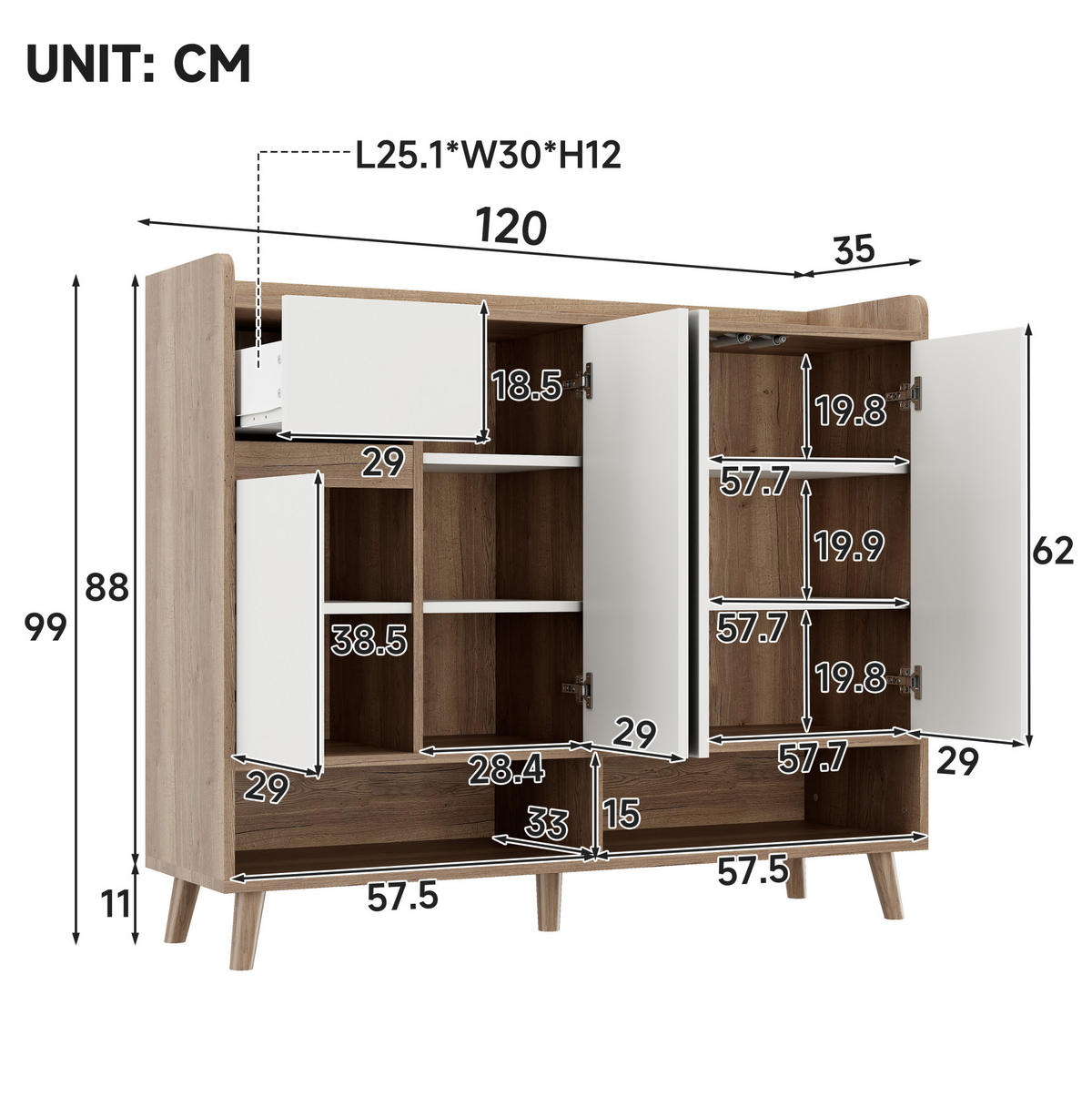 SCHUHSCHRANK 120/35/99 cm mit 4 Türen und 1 Schublade in Weiß/Natur - Weiß, Holzwerkstoff (120/99/35cm) - BEAOK