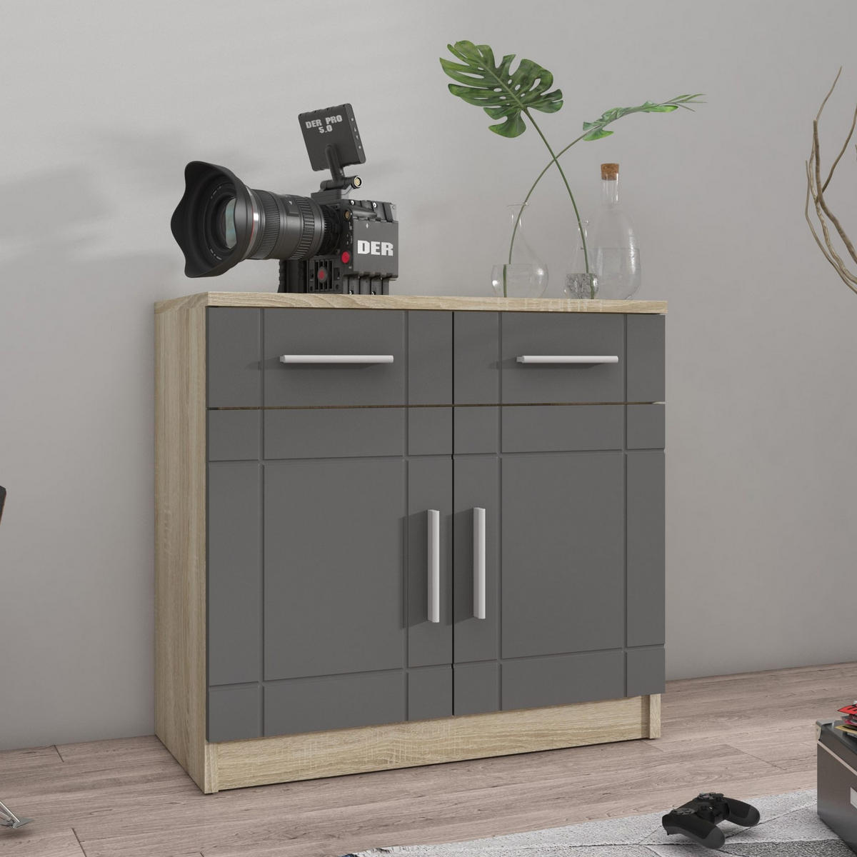 KOMMODE PERUGIA 69/70/37 cm mit 2 Schubladen 2 Türen Sonoma Eiche - Graphitfarben/Grau, Holzwerkstoff (69/70/37cm) - MASSENO