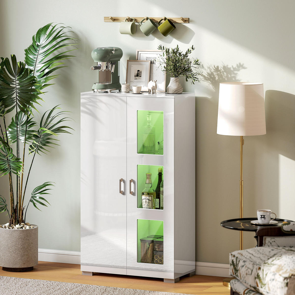HIGHBOARD Weiß mit LED-Beleuchtung und Glastüren 71/35/126 cm - Weiß, Holzwerkstoff (71/126/35cm) - PANGIVO