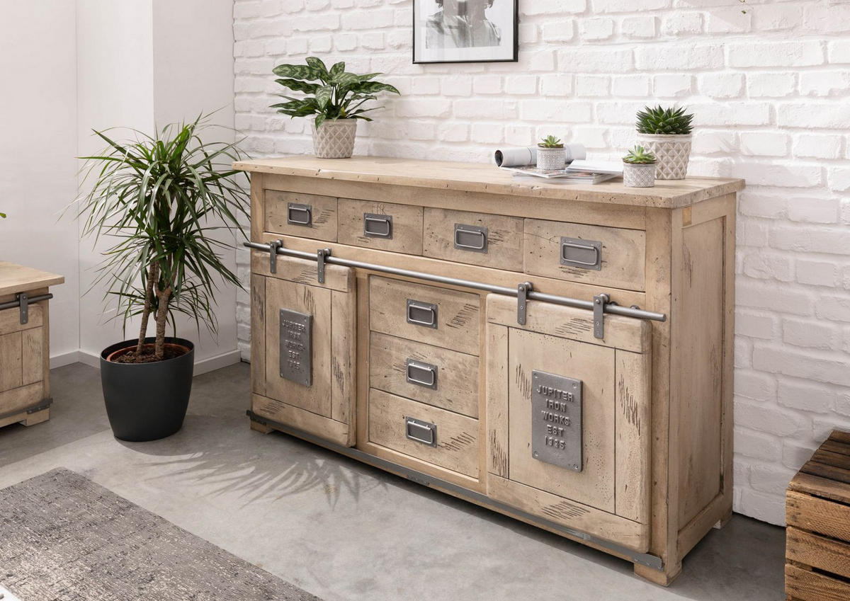 SIDEBOARD Mango 150x45x90 whitewash lackiert RAILWAY #319 - Beige, Holz (150/90/45cm) - Massivmoebel24